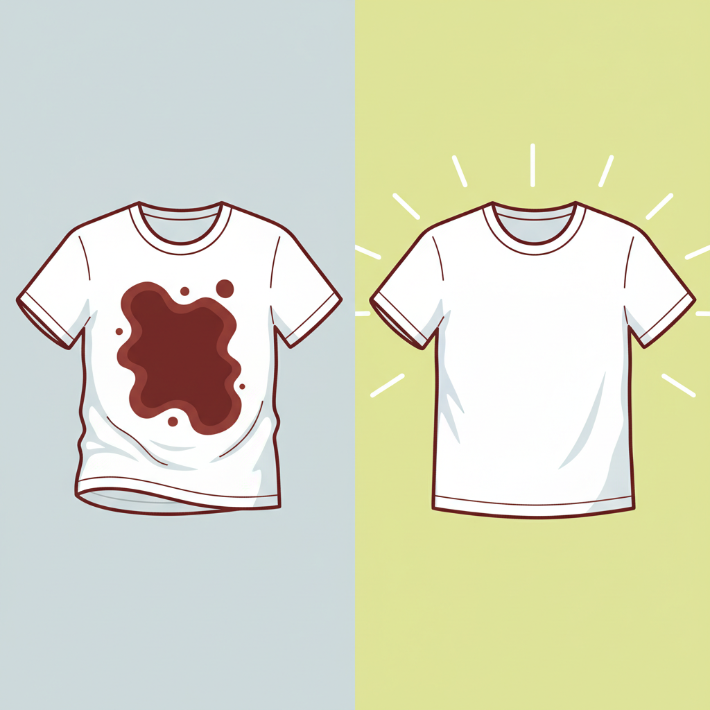 A split-screen or 'before and after' flat illustration. On one side, a white t-shirt is visibly marred by a large, prominent dried hair dye stain, looking stiff and permanent and causing the fabric to crinkle. On the other side, the exact same white t-shirt appears pristine, spotless, and freshly laundered, smoothly draped and conveying a sense of relief and successful restoration. The overall scene should highlight the transformation from despair over a ruined item to satisfaction with a clean one. Style: Clean, modern flat illustration with a bright, optimistic color palette, emphasizing clear visual contrast.