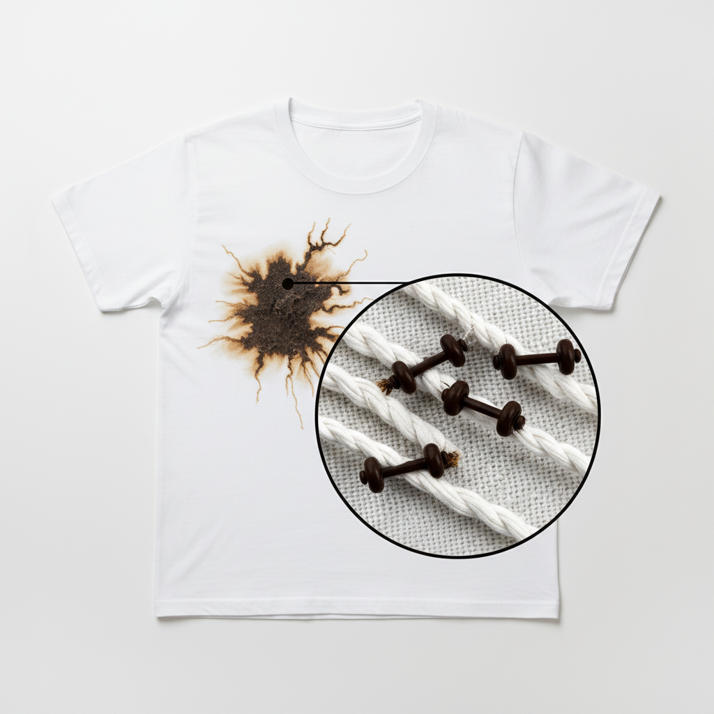 A professional photo of a white cotton t-shirt with a prominent, dark brown, dried iodine stain near the collar. Overlaying a magnified section of the stain, depict stylized, dark brown iodine molecules (symbolically I₂) deeply embedded and clinging to the interwoven fabric fibers, illustrating the stubbornness of the stain. The background should be clean and uncluttered, focusing entirely on the stained fabric and the microscopic interaction. The overall visual should convey the challenge of removing the ingrained stain.