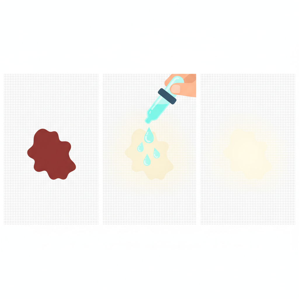 A vibrant, clean flat illustration showing a sequence of events. On the left, a magnified view of a fabric surface with a distinct, deep brown iodine stain. In the middle, a hand or a dropper gently applying a clear liquid solution (representing sodium thiosulfate) onto the stain. On the right, the same fabric surface with the iodine stain visibly dissolving, fading, and transforming into a much lighter, almost clear residue. The colors should be bright and distinct, highlighting the chemical reaction and the stain's removal process. The scene should be optimistic and demonstrative of the solution.