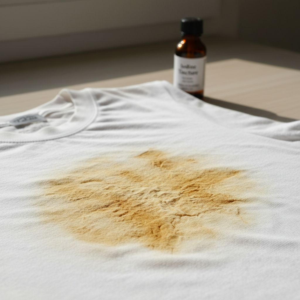 A close-up, professional photo of a white cotton t-shirt with a prominent, dried, brownish-yellow iodine stain on it. The stain should appear deeply embedded in the fabric fibers, emphasizing its stubborn nature and depth. In the background, slightly out of focus, a small, dark-colored bottle of iodine tincture is subtly visible to hint at the source. The lighting should be bright and natural, highlighting the texture of the fabric and the stark color contrast of the stain. The overall mood should convey the challenge of stain removal.