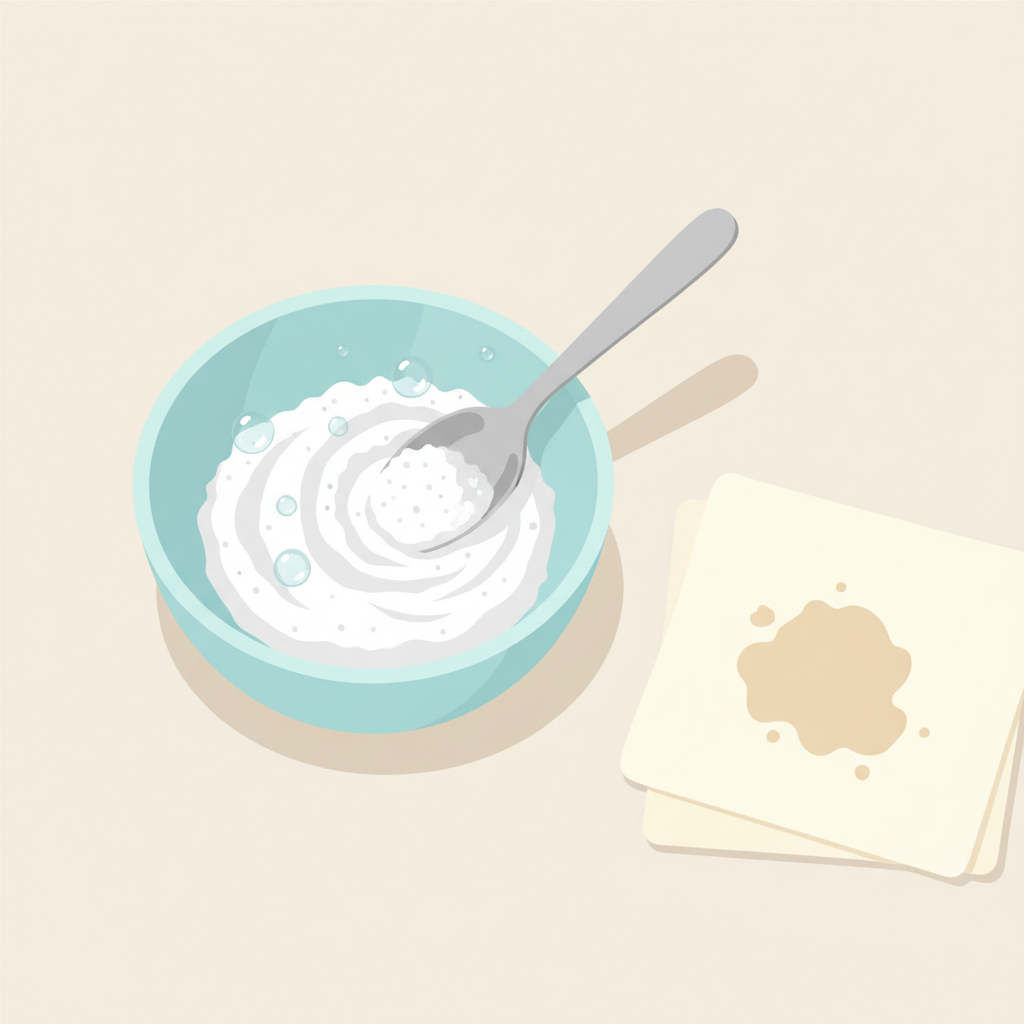 A clean, flat illustration depicting the preparation of the baking soda paste for stain removal. On a smooth, light-colored surface, a small amount of white baking soda powder is being mixed with a few drops of clear water in a small, ceramic mixing bowl using a silver spoon. The mixture is in the process of forming a thick, granular paste. Next to the bowl, a folded piece of light-colored fabric, possibly white or cream, shows a faint, dried brownish stain on its surface. The color palette should be bright and inviting, with minimal shadows to maintain the flat design aesthetic. The composition is simple, focusing on the action of mixing.