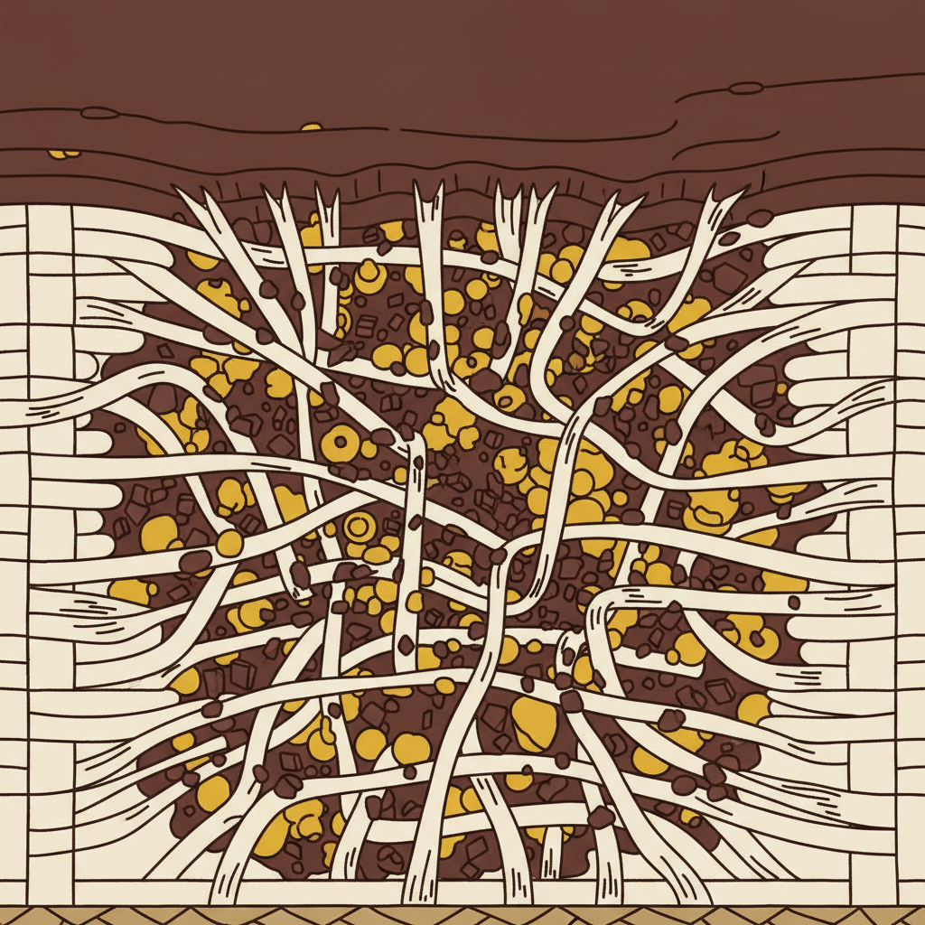 A detailed, macro-level cross-section illustration of fabric fibers, highly magnified. A dark brown, dried cocoa stain is deeply embedded, showing abstract representations of yellow fat molecules binding tightly to the fibers and dark brown pigment particles intertwined within the weave. The fibers around the stain appear slightly constricted and entangled, emphasizing its stubborn, resistant nature. The style should be a clean, scientific flat illustration with a focus on texture and depth, highlighting the microscopic interaction between the stain components and the fabric.