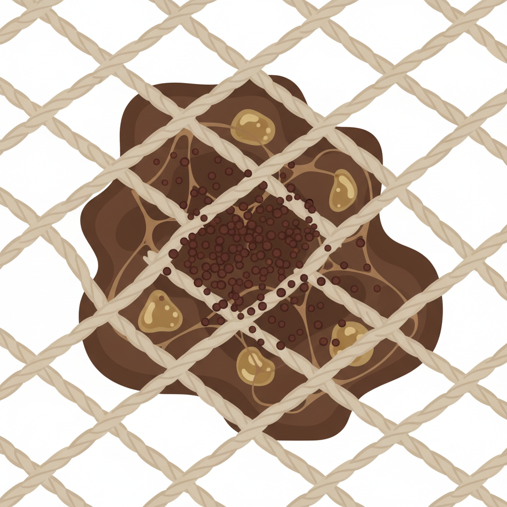 A detailed, close-up flat illustration depicting the microscopic structure of a fabric fiber deeply intertwined with a dried cocoa stain. Show the fabric as interwoven threads in a light neutral color. Within the dark brown cocoa stain, visualize abstract elements representing its components: small, dense pigment particles, translucent fat droplets, and thin, web-like protein strands, all firmly embedded and binding to the fabric fibers. The overall style should be a clean, scientific infographic, using warm earthy tones for the cocoa and a crisp background, emphasizing the stain's complex adherence.