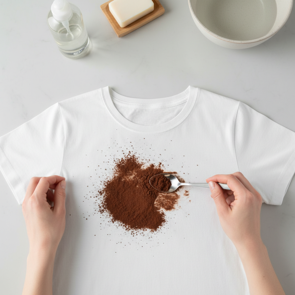 A bright, professional photo captured from a slightly overhead perspective, focusing on hands carefully performing the initial step of dried cocoa stain removal from a white cotton t-shirt. One hand gently uses the edge of a small spoon or a soft bristle brush to lightly scrape away loose, dried cocoa powder from a visible dark brown stain on the fabric. The t-shirt is laid flat on a clean, light-colored surface. In the soft-focus background, hint at cleaning supplies like a bottle of liquid detergent or a bar of soap, and possibly a shallow basin of cold water. Emphasize a clean, practical, and gentle approach.