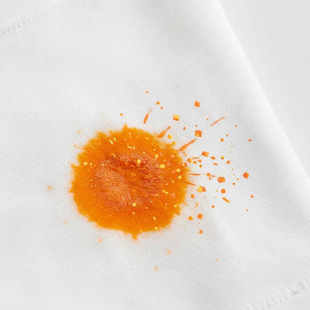 A close-up, high-definition product photograph showing a section of white fabric, such as a tablecloth or a child's shirt, marred by a prominent, dried, vibrant orange carrot stain. The stain appears deeply embedded and challenging, with slight texture visible in the dried portions. Next to the stain, a subtle, artistic visualization of tiny, abstract orange particles (representing beta-carotene) is depicted, clinging tightly to the fabric fibers, emphasizing their fat-soluble and resistant nature. The lighting is bright and clean, highlighting the contrast.