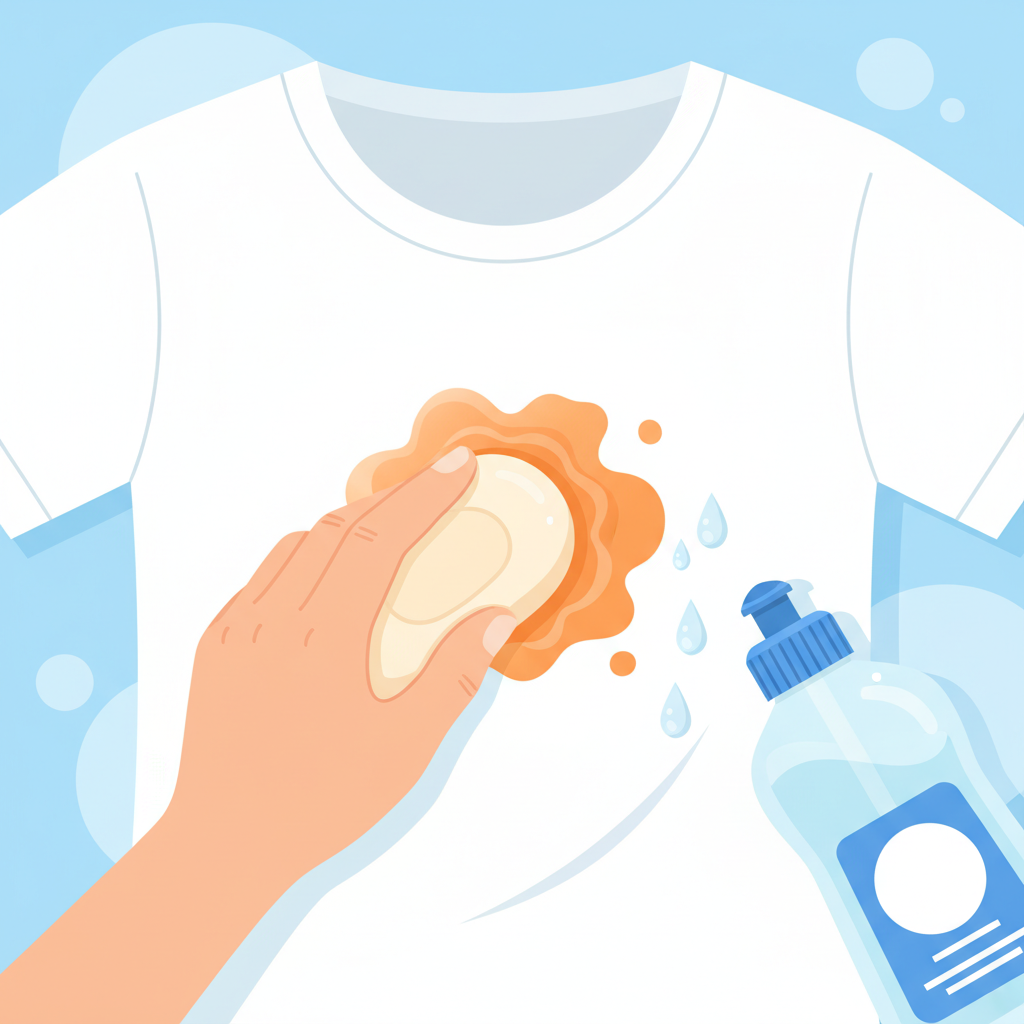 A bright, clean, modern flat illustration depicting the process of treating a dried carrot stain on a light-colored fabric, such as a white t-shirt. A hand gently applies a creamy, off-white bar of gall soap directly onto the orange stain, working it into the fabric. Nearby, a bottle of liquid dish soap is positioned, with a few clear drops falling onto the same stained area, indicating multiple cleaning agents. The scene conveys active cleaning, showing the stain beginning to loosen or lighten subtly at the edges.