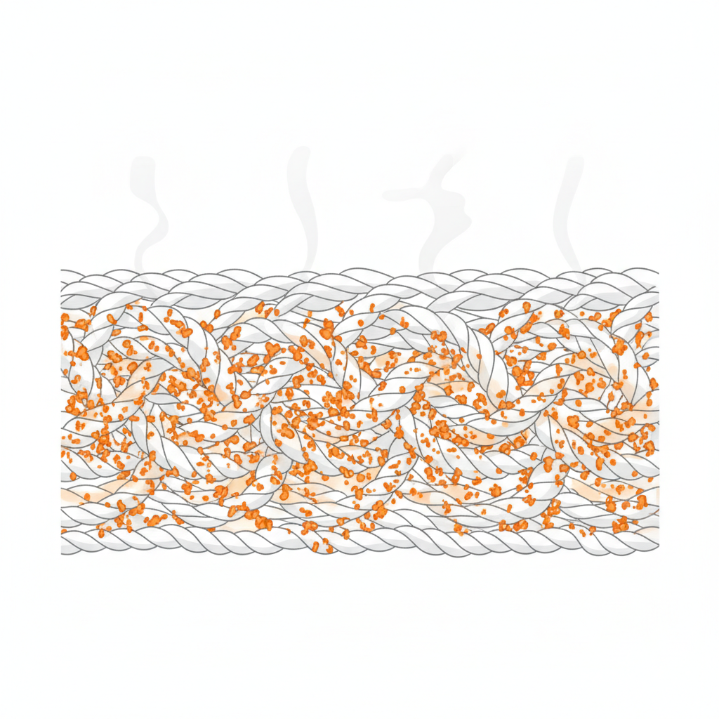 A detailed scientific illustration in a macro close-up view. The scene depicts magnified textile fibers (like interwoven white threads) with numerous vibrant orange beta-carotene pigment particles deeply embedded and tightly intertwined within their structure. Some faint, vapor-like elements could suggest water evaporating, emphasizing the pigment's persistent adherence after drying. The overall image clearly visualizes why dried carrot stains are so difficult to remove from fabric, highlighting the pigment's firm grip on the fibers. Style: Scientific illustration, clean, modern, crisp, schematic diagram.