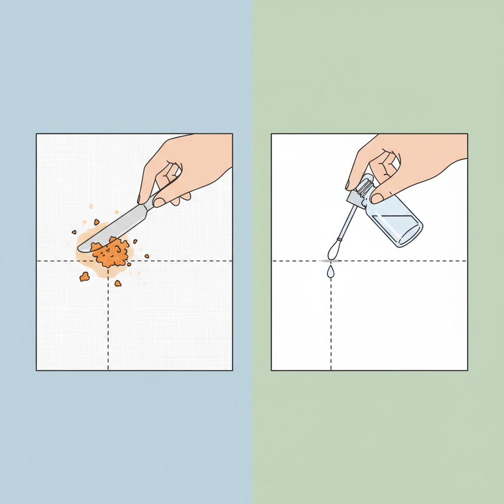 A clean, two-panel flat illustration depicting key preparatory steps for stain removal. The left panel shows a hand gently using a blunt spoon or knife to scrape off dried, orange carrot residue from a section of white fabric (e.g., a shirt or tablecloth). The right panel illustrates another hand carefully applying a small, clear drop of liquid from a bottle onto an inconspicuous area (like a seam or hem) of similar fabric using a cotton swab, representing a spot test. The overall composition conveys carefulness and methodical preparation. Style: Flat illustration, vector art, clean lines, bright and inviting colors.