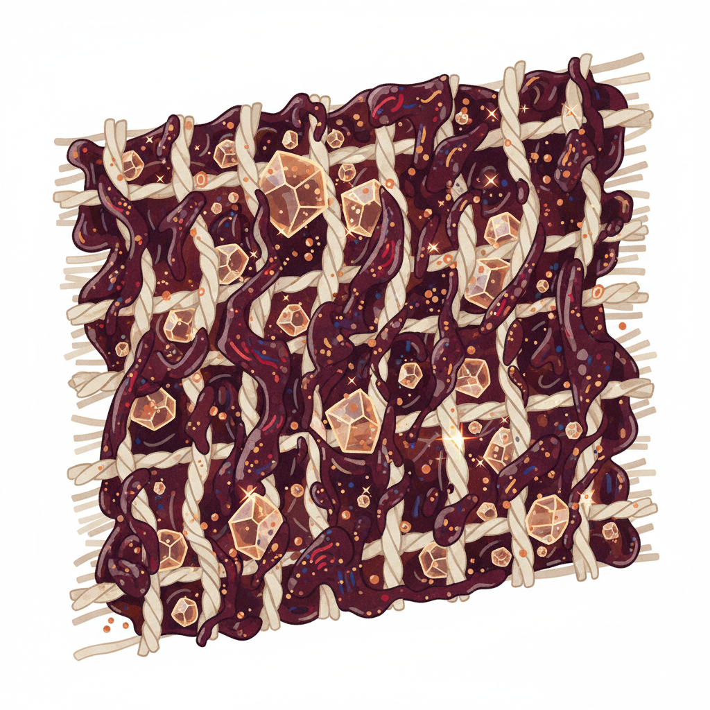 A detailed, stylized macro illustration showing a cross-section of fabric fibers (like cotton or wool) with a dried fruit stain deeply embedded. The stain appears as dark, sugary residue clinging to and penetrating individual fibers, with exaggerated visual elements highlighting sugar crystals, acidic particles, and deeply anchored color pigments within the material structure. The background is a clean, bright white. The overall impression should be one of a challenging, tenacious problem, emphasizing the stain's adherence. Style: Scientific infographic illustration with a clean, modern aesthetic and slightly exaggerated detail for clarity. Colors should be warm fruit tones (red, purple, brown) against neutral fabric.