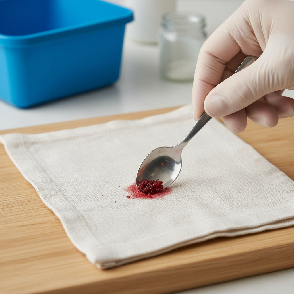 A well-lit, professional photo showing the initial steps of stain preparation. A hand, perhaps wearing a white protective glove, is carefully using the blunt edge of a small spoon to gently scrape loose, dried red fruit debris from a small, stubborn stain on a piece of light-colored fabric. In the softly blurred background, hints of other materials like a wooden surface or a plastic item are visible, subtly implying the importance of material identification before treatment. The focus is on careful, gentle handling and the removal of surface residue.