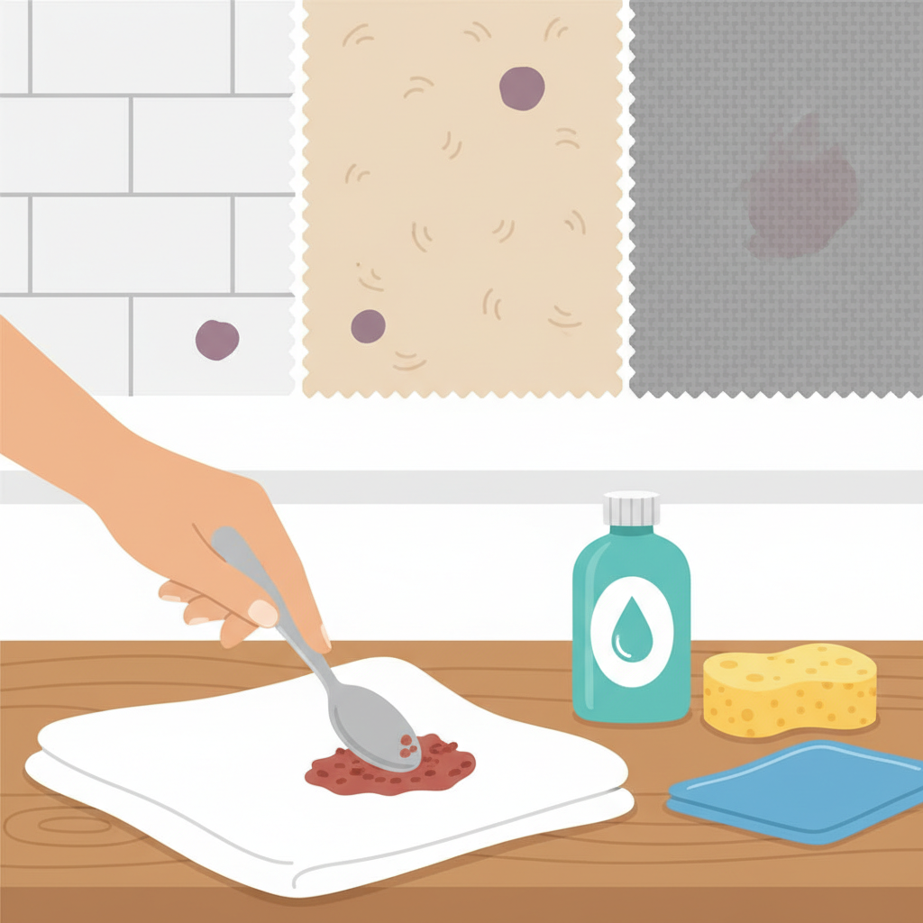 A vibrant, flat illustration depicting a collection of common household items and various surfaces related to stain removal, arranged neatly on a clean counter. In the foreground, a gentle hand carefully scrapes dried fruit residue off a piece of cotton clothing with a blunt spoon. Nearby, a small bottle of cleaning solution, a soft sponge, and a microfibre cloth are placed. In the background, sections of different materials are subtly hinted: a tiled kitchen countertop, a plush carpet swatch, and a piece of upholstery fabric, each with a small, dried fruit stain. The scene evokes preparedness and careful, gentle action. Style: Bright, friendly flat illustration with clean lines and a soft, inviting color palette.