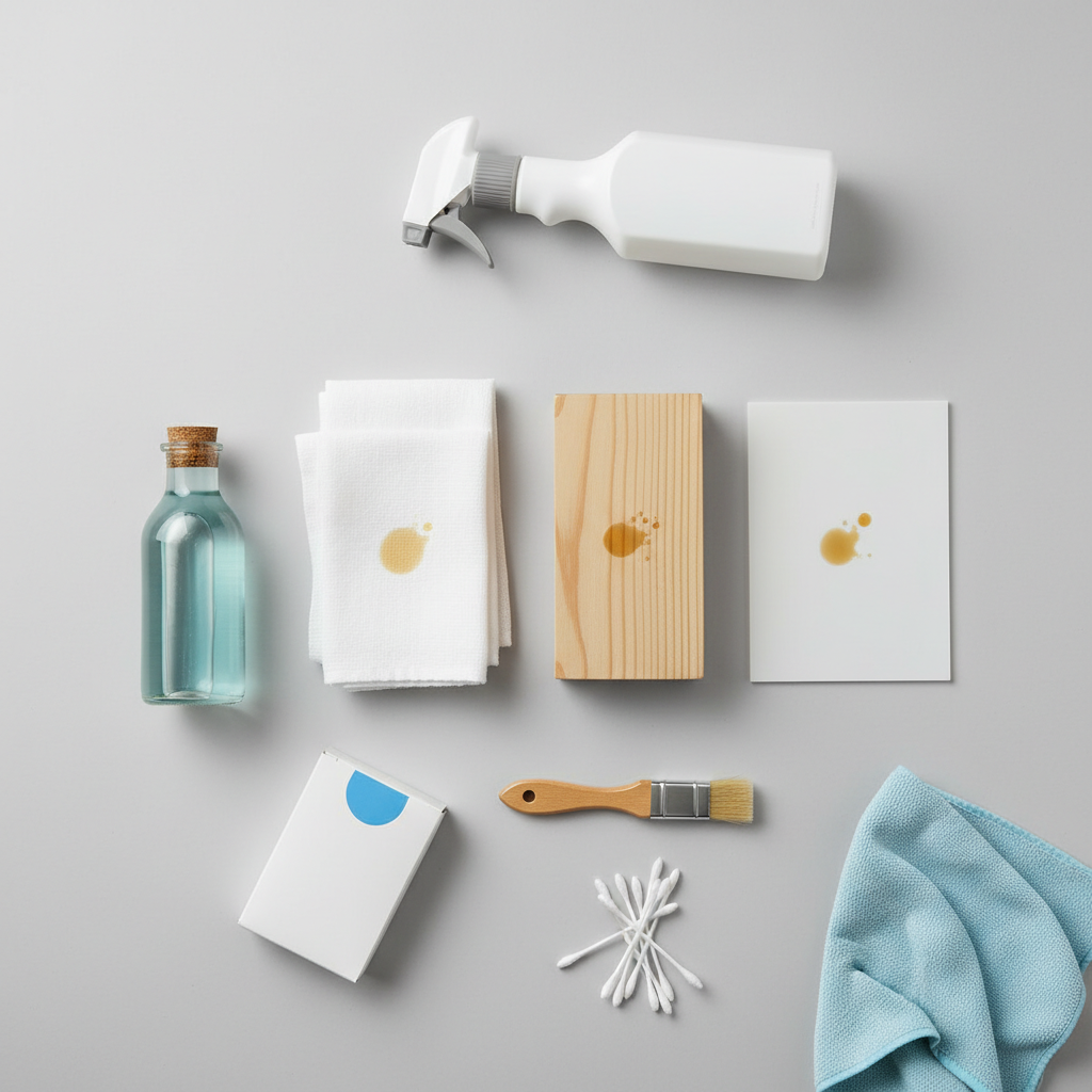 A professional top-down flat lay photograph displaying various cleaning items for tackling different stains and materials. Include a small stack of folded, clean textiles, a smooth piece of unfinished wood, and a section of a plastic surface. Each material should feature a small, subtly depicted, dried oil stain. Arranged neatly around them are generic cleaning agents (e.g., an unlabeled bottle of liquid cleaner, a box of powder, a spray bottle), a soft brush, a microfibre cloth, and cotton swabs, suggesting a careful and prepared approach. The overall mood should be bright, organized, and reassuring, set against a clean white or light grey background.