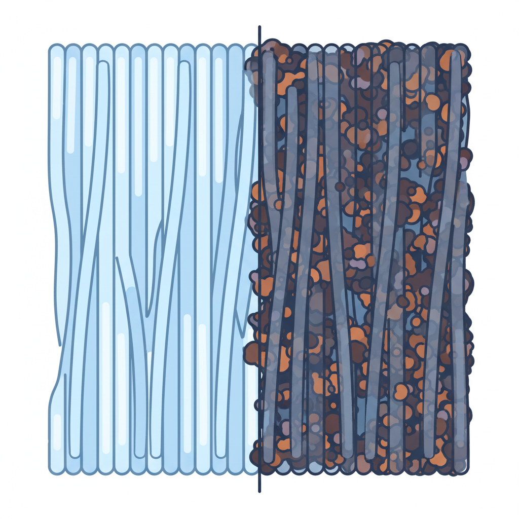 A detailed, stylized infographic illustration showing a microscopic view of fabric fibers. On one side, clean, intact textile fibers are depicted. On the other side, an abstract representation of dark, dried oil molecules is deeply embedded within and clinging to the fibers, illustrating how the oil has oxidized and become firmly integrated into the fabric structure. The oil appears solid and intertwined with the threads, highlighting its stubborn nature. Use a clean, semi-transparent overlay or contrasting colors to differentiate the oil from the fiber, in a professional, educational style.