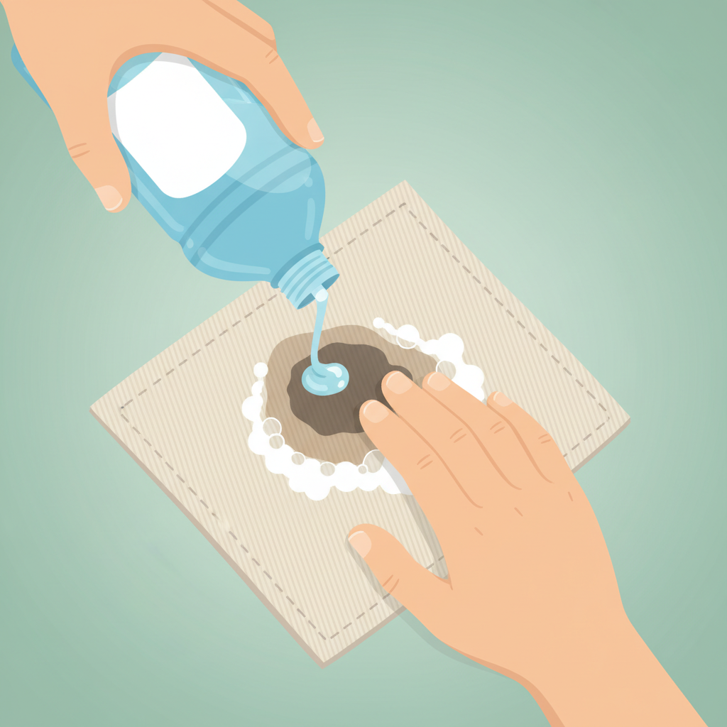 A clean, flat illustration depicting the first step of oil stain removal using dish soap. A pair of hands is gently working a dollop of liquid dish soap directly into a dark, dried oil stain on a piece of light-colored fabric, such as a white t-shirt or denim. One hand holds a bottle, from which the soap is dispensing onto the stain, while the fingers of the other hand are carefully massaging the soap into the stained area. The background is simple and uncluttered, emphasizing the action, with a soft, inviting color palette.