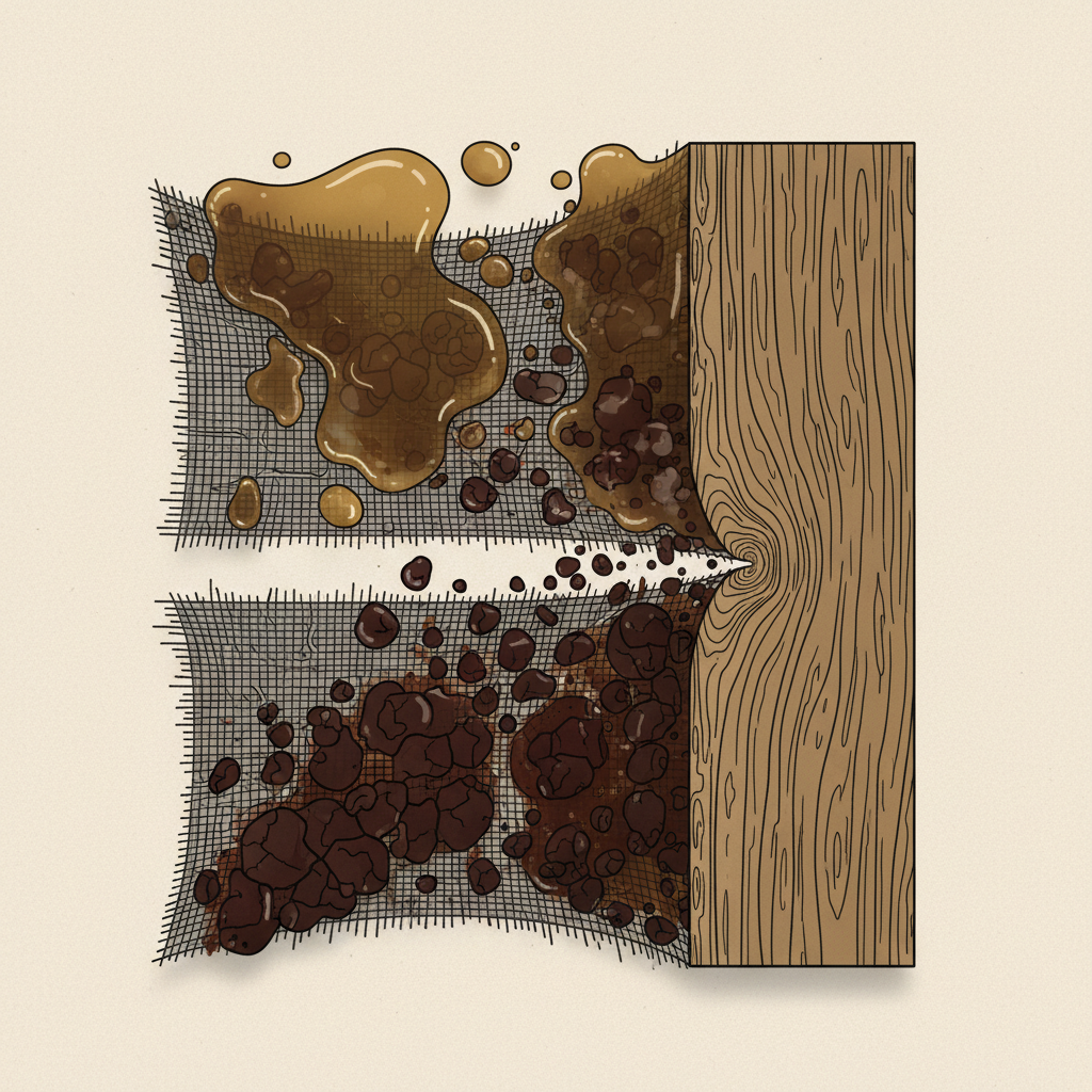 A detailed, cutaway view illustrating how oil penetrates and dries within a material's structure. Focus on a cross-section of a fabric fiber or wood grain. Show viscous oil molecules initially seeping in, then some parts of the oil oxidizing and hardening, appearing more rigid and fused within the material's pores or fibers. The surrounding material should look slightly discolored or damaged where the oil has set. The visual should subtly convey stubbornness and deep integration, making the stain difficult to remove. Flat illustration style with subtle depth and texture.