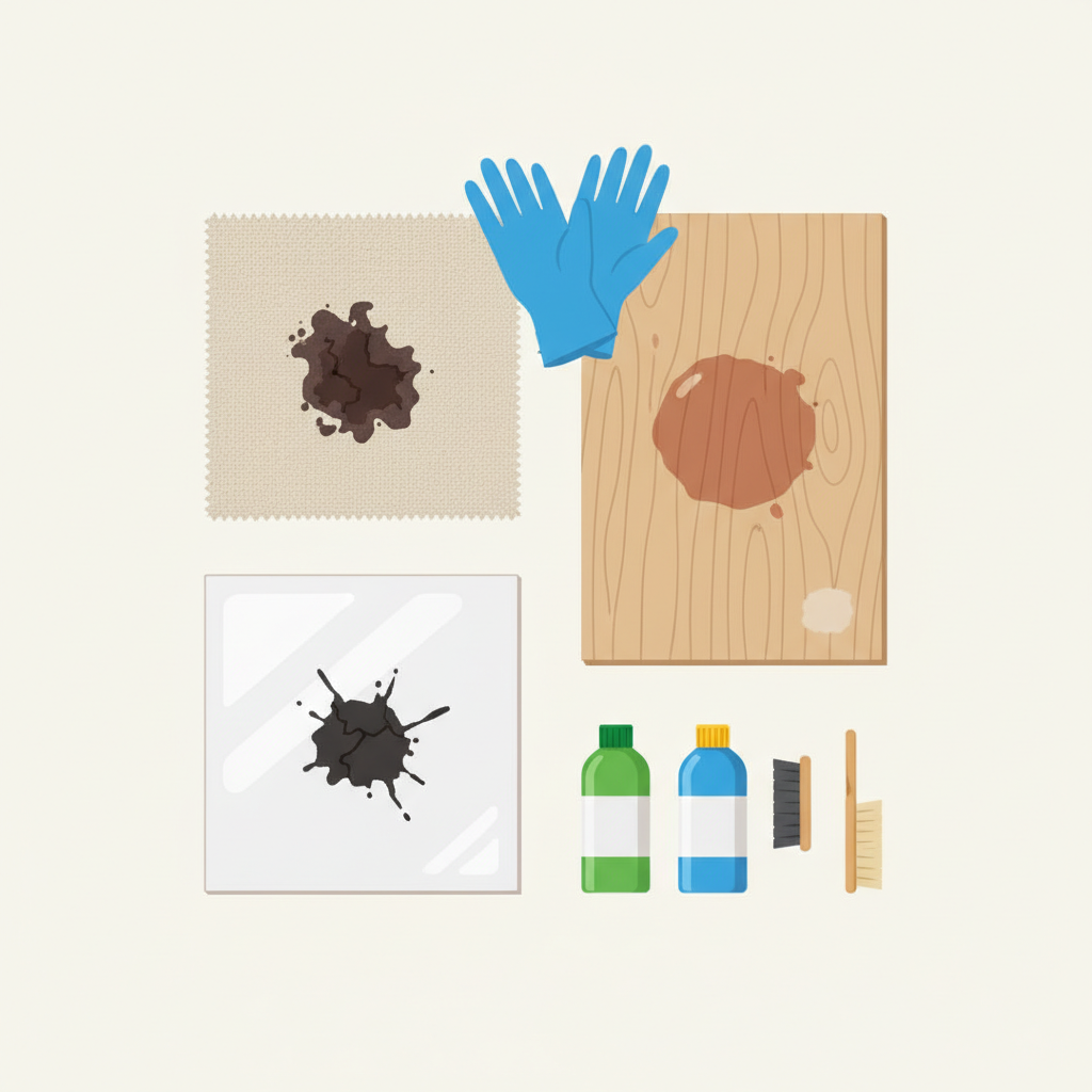 A vibrant, top-down flat illustration showcasing various materials with dried oil stains, emphasizing preparation. Include a piece of fabric, a section of unvarnished wood, and a ceramic tile, each with a distinct, old oil stain. Nearby, a pair of protective gloves is neatly placed, and a small, unnoticeable test patch on one material indicates a prior test. Several generic, unlabeled cleaning agent bottles and a brush are visible, suggesting different approaches for different materials. The composition should feel organized and informative. Modern, clean flat illustration style with clear separation of elements.
