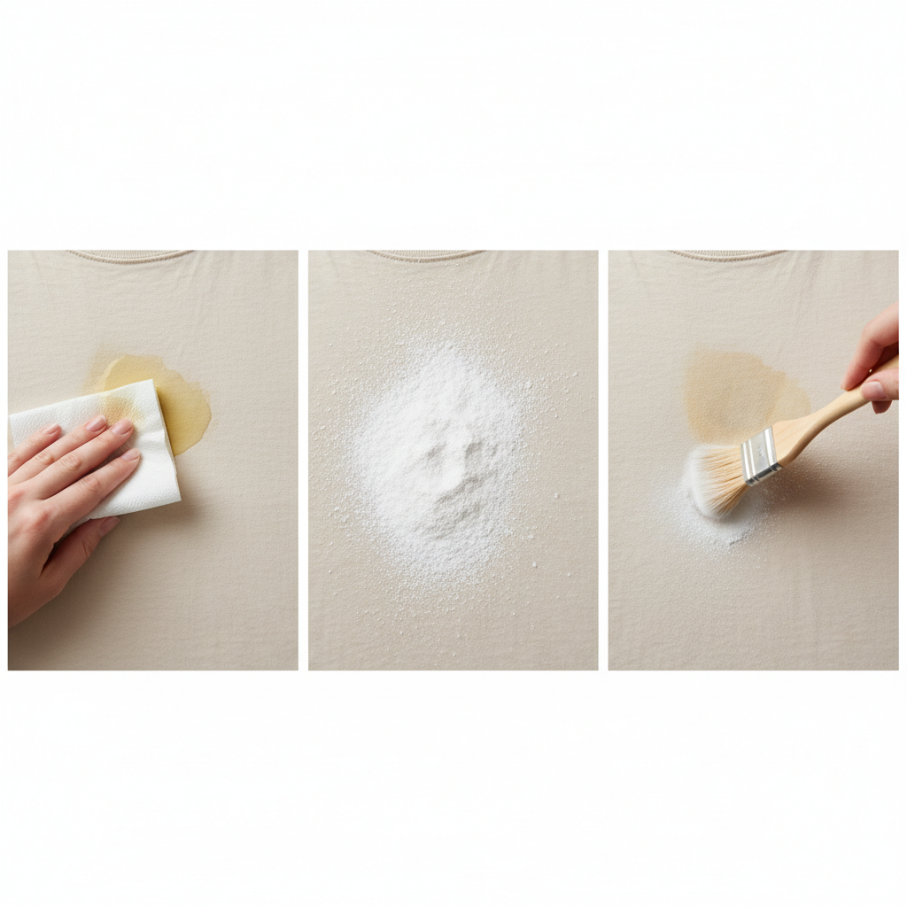 A clean, professional studio photograph showing a step-by-step sequence for initial oil stain treatment on fabric. On the left, a hand gently dabs a fresh, glossy oil stain on a light-colored cotton shirt with a white paper towel, careful not to rub. In the center, a dusting of white absorbent powder (like cornstarch or baby powder) covers the stain. On the right, a soft-bristled brush gently sweeps the powder away, revealing a much fainter stain area. The focus is on the action and effectiveness of immediate measures.