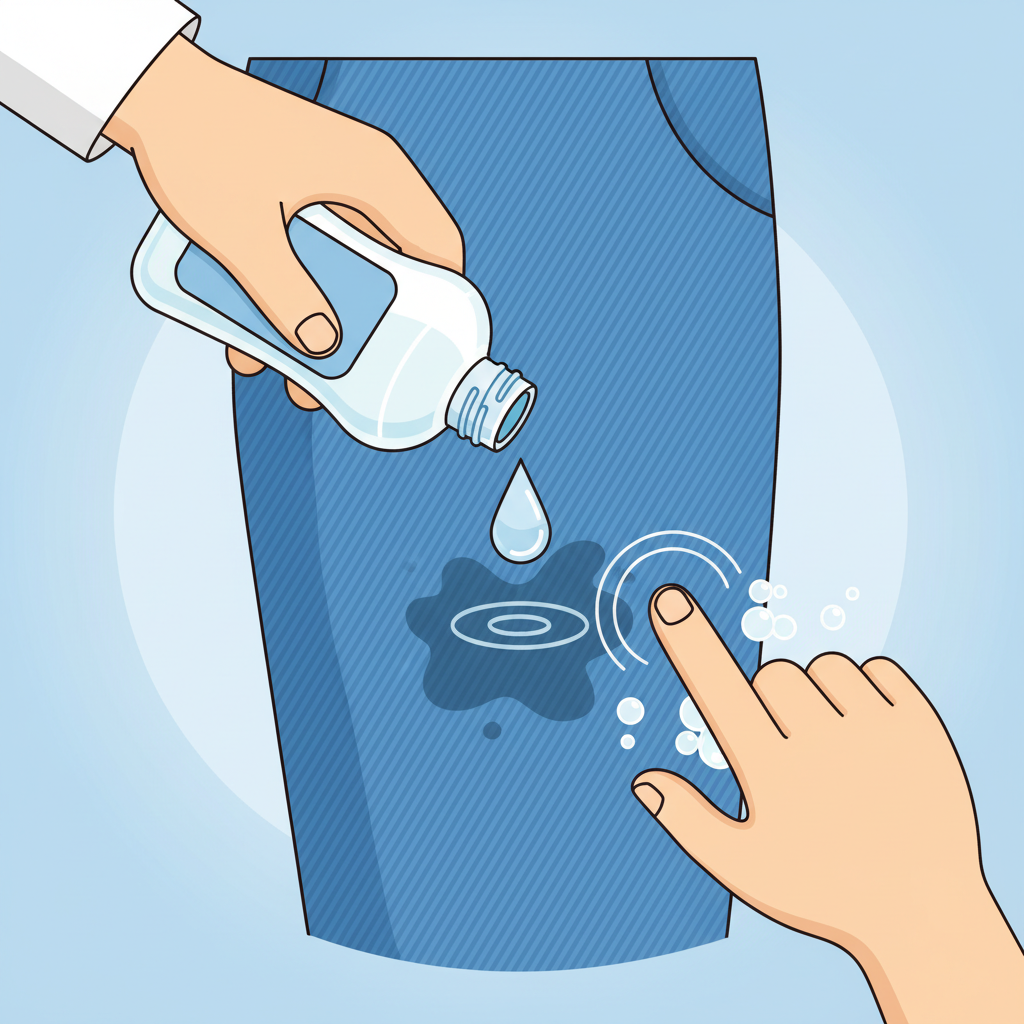 A bright, detailed flat illustration depicting the removal of a dried oil stain from a piece of fabric. A section of a blue denim pant leg with a distinct, slightly darker, dried oil stain is visible. A hand, holding a small bottle of dish soap, applies a single, clear drop of liquid directly onto the center of the stain. Adjacent to this, a gentle circular motion is shown with a soft toothbrush or finger working the soap into the fabric fibers. The overall aesthetic is clean, instructional, and hopeful.