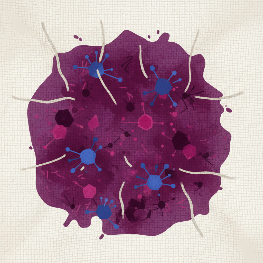 A highly detailed, macro-style illustration depicting a vibrant purple-red red cabbage stain deeply embedded within the interwoven fibers of a light-colored fabric. Abstract, stylized representations of anthocyanin molecules are shown chemically bonding and anchoring themselves firmly to the textile strands. The surrounding fabric appears slightly distressed, emphasizing the difficulty of removal. The overall impression should convey the stubborn, pervasive nature of dried red cabbage pigments at a microscopic level, suitable for a blog post explaining why these stains are so tenacious. Flat illustration style with subtle textures.