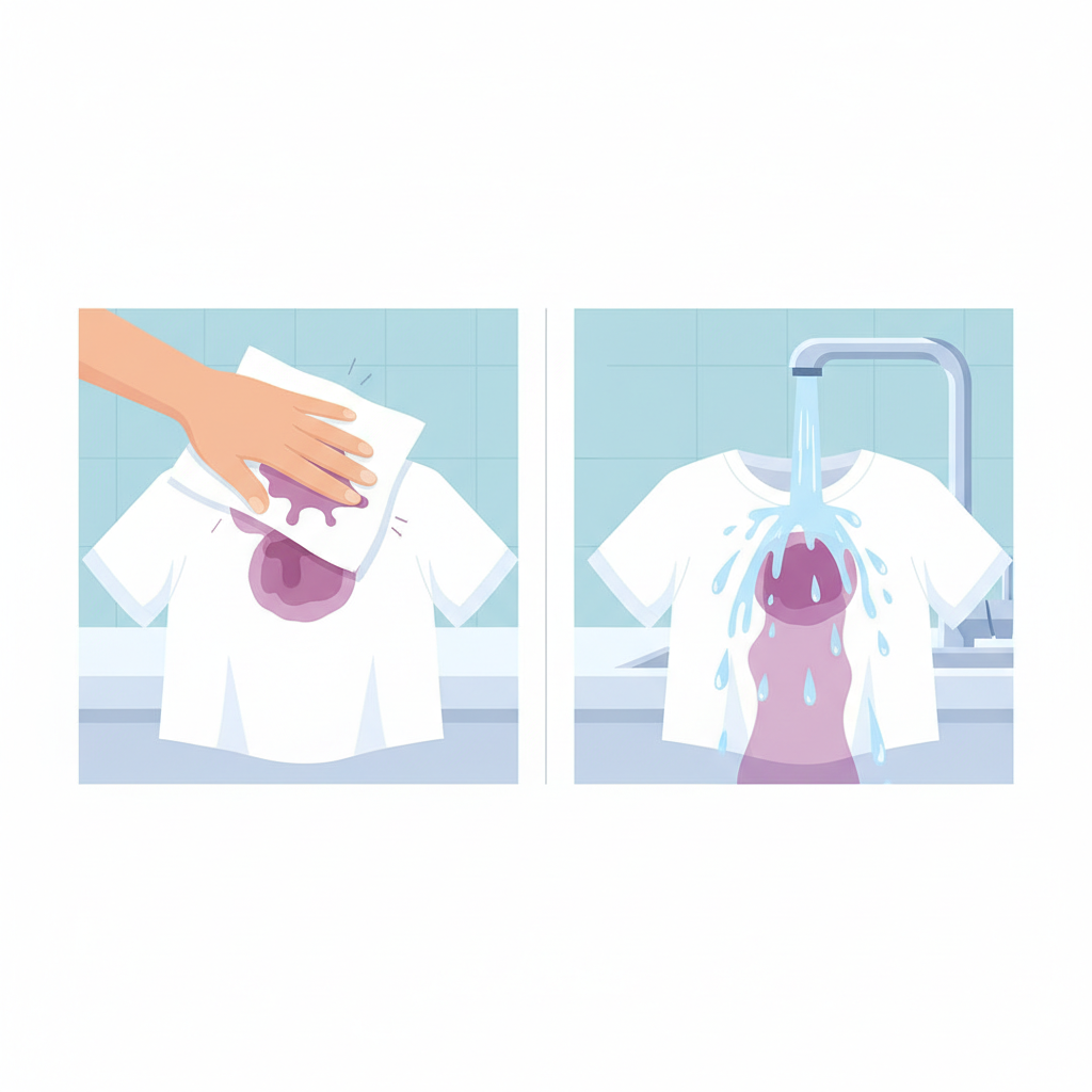 A clean, bright flat illustration depicting a sequence of actions for initial red cabbage stain removal on a white t-shirt. On one side, a hand gently dabs a fresh, vibrant red cabbage spill with a crisp, white paper towel, showing the liquid being absorbed without rubbing. On the other side, the stained fabric is held under a stream of cold running water from a tap, with the water rinsing from the reverse side of the stain, pushing the color out. The overall scene should be clear, instructional, and emphasize quick, gentle action, ideal for a practical tip section of a blog.