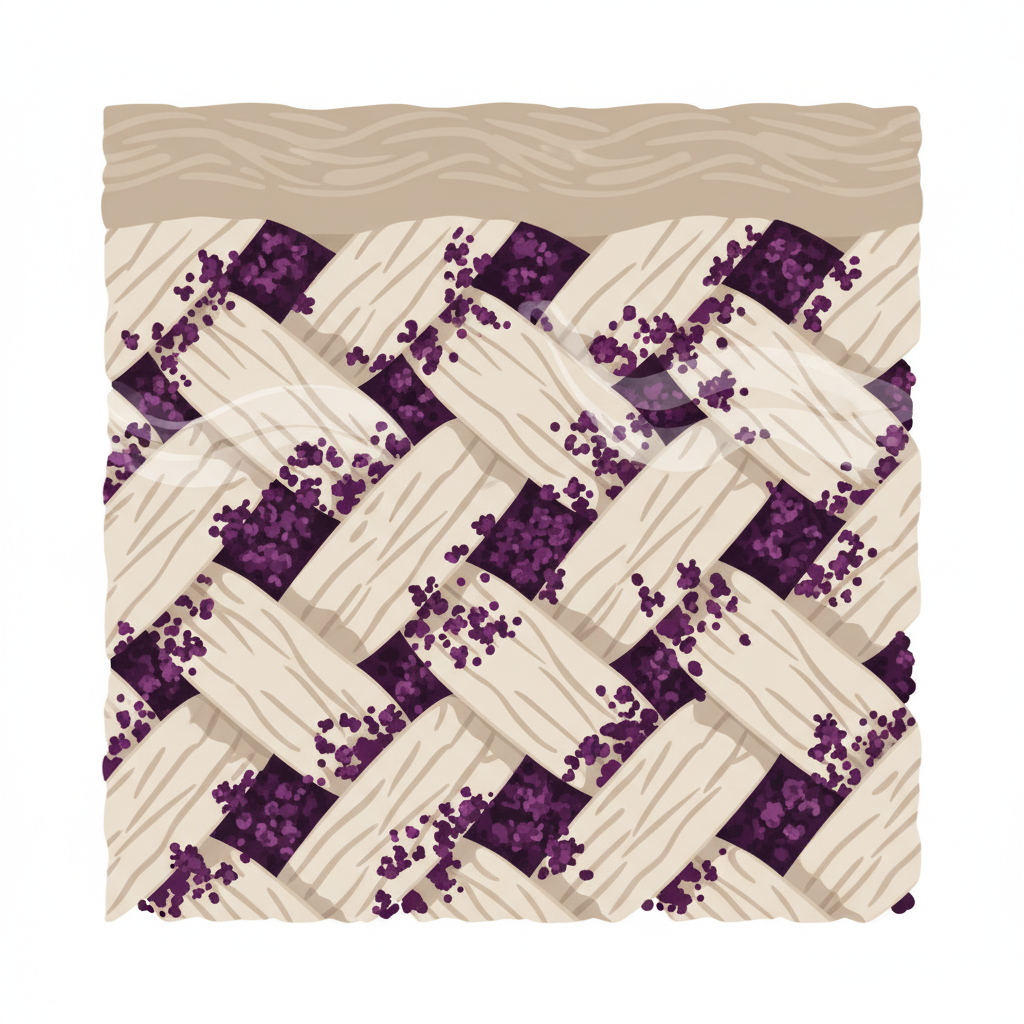 A close-up, stylized cross-section of a fabric fiber, with deep purple-red anthocyanin pigments visibly embedded within its structure. The fibers appear somewhat coarse and intertwined, emphasizing how the stain clings deeply. A subtle, almost invisible 'ghost' of evaporated liquid could be indicated around the pigments, suggesting the 'dried' aspect. The overall impression should convey the stubbornness and deep penetration of the stain. Style: High-detail scientific illustration mixed with a modern flat design aesthetic, focusing on vibrant color contrast against a neutral fabric background.