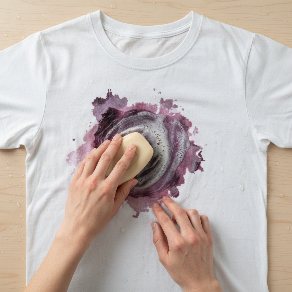 A clean, well-lit overhead shot depicting a crumpled white t-shirt with a distinct, dried, dark red cabbage stain on it. A pair of hands, with clean, short fingernails, is gently rubbing a bar of light-colored, generic soap (or a creamy substance) directly onto the wetted stained area. A small amount of foam or lather should be visible, and the edges of the stain should subtly appear to be softening or slightly lighter, indicating the cleaning process. The background is a clean, neutral surface, like a light wooden table or a white countertop. Style: Professional, clean product photography or a realistic, bright illustration, emphasizing clarity and practical application.