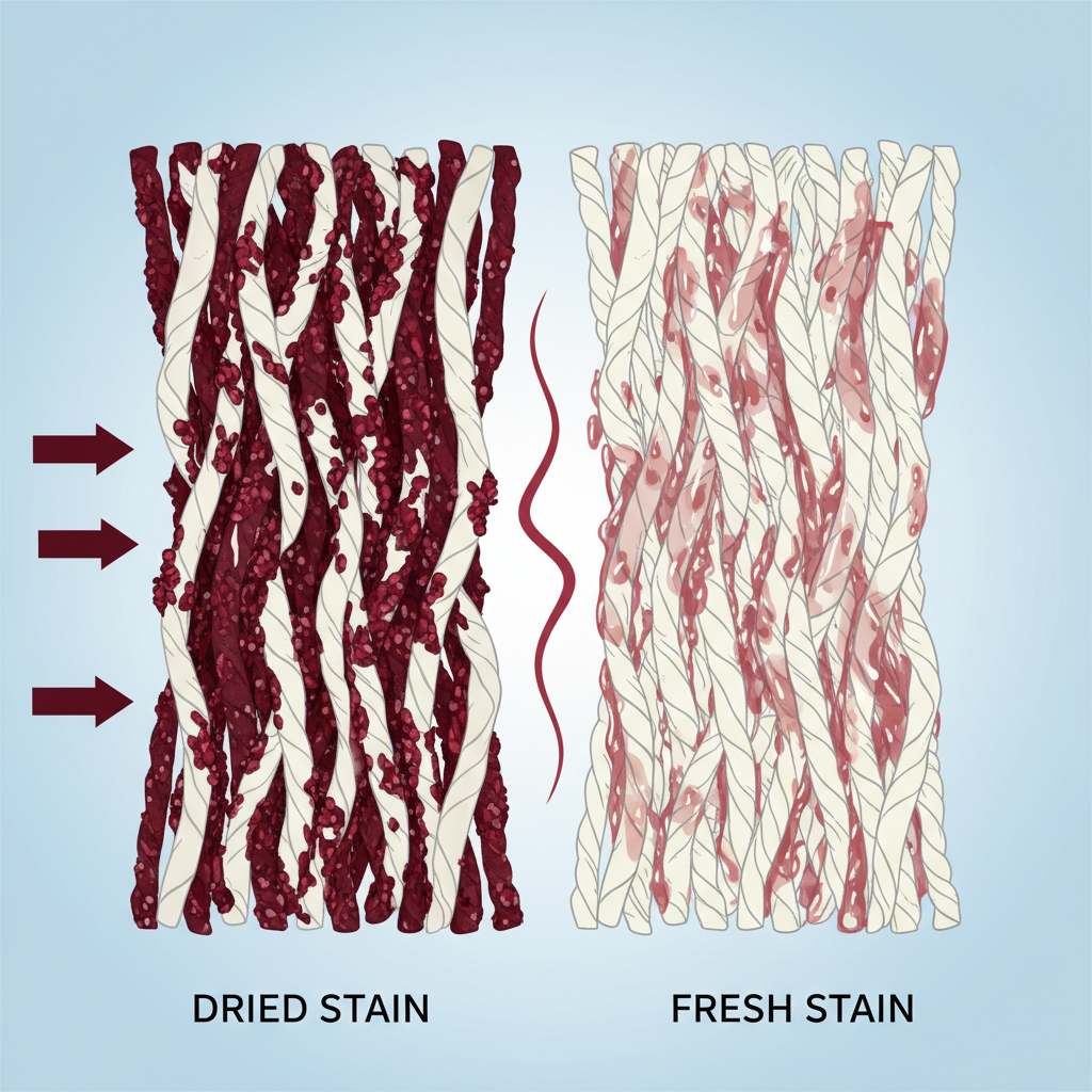 A vibrant, close-up conceptual illustration depicting the microscopic structure of fabric fibers (like cotton or linen) heavily saturated and intertwined with deep red wine pigments. The pigments appear tightly bound and solidified within the fiber strands, demonstrating how they become 'dried and stubborn'. In a contrasting, adjacent area, show similar fibers with lighter, more superficial red liquid still present, indicating a fresh stain that hasn't fully set. The image should visually explain the difference in difficulty between fresh and dried stains through pigment penetration. Use a stylized, scientific cross-section diagram style with a clean, informative background.
