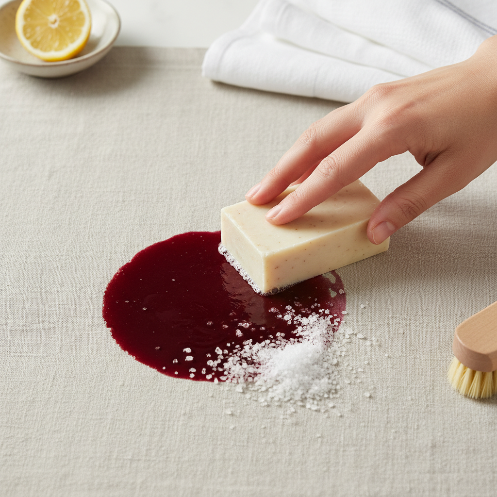 A professional, bright flat lay photograph or detailed illustration showcasing a common household remedy actively being used on a dried red wine stain. A clean, gentle hand carefully places a bar of light-colored gallseife (bile soap) or sprinkles coarse salt onto a clearly visible, deep red wine stain on a light-colored fabric surface, like a linen tablecloth or a sofa cushion. The scene should convey a sense of gentle yet effective action, with the focus on the interaction between the remedy and the stain, hinting at the start of the cleaning process. Maintain a clean, crisp aesthetic suitable for a helpful blog post.