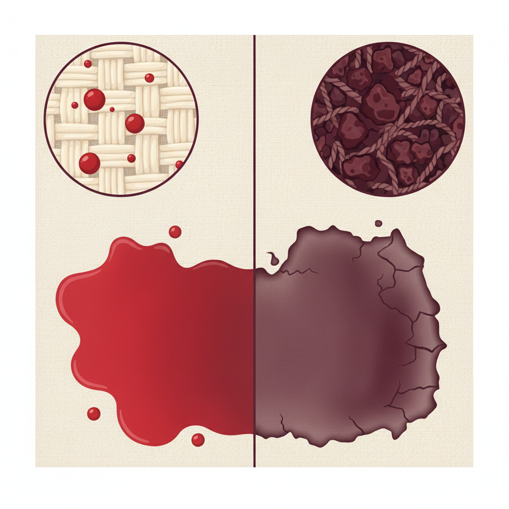 A split-screen or side-by-side infographic-style illustration. On the left, a vibrant, fresh red wine stain spreads on a light fabric, with a magnified section showing liquid particles loosely interacting with textile fibers. On the right, a dark, entrenched, dried red wine stain on similar fabric, with a magnified section showing tightly bonded, oxidized red pigments deeply embedded and chemically fused within the fabric's interwoven fibers. The visual should clearly convey the increased difficulty of removal for the dried stain without using any text or labels.