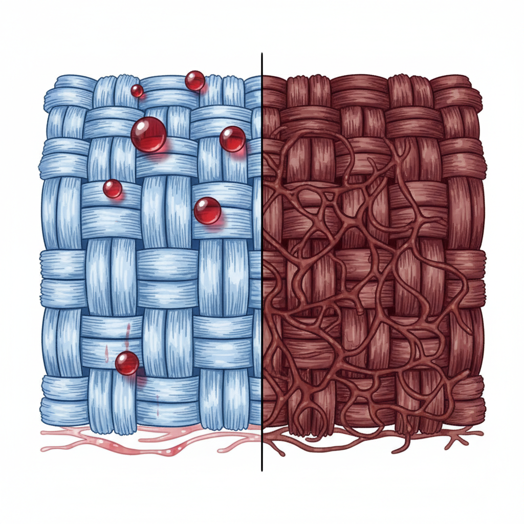 A detailed, stylized scientific illustration depicting fabric fibers at a magnified level. On one side, fresh red wine droplets sit superficially on top of the fibers, appearing easy to lift. On the other side, the same red pigment is shown deeply embedded and oxidized within the intricate weave of the fabric threads, illustrating how dried stains become interlocked and difficult to remove from the fiber structure. The fibers should appear robust, with the red stain showing a strong, deep penetration. Use a clean, vibrant digital art style with clear separation between the two states (fresh vs. dried) for conceptual clarity.