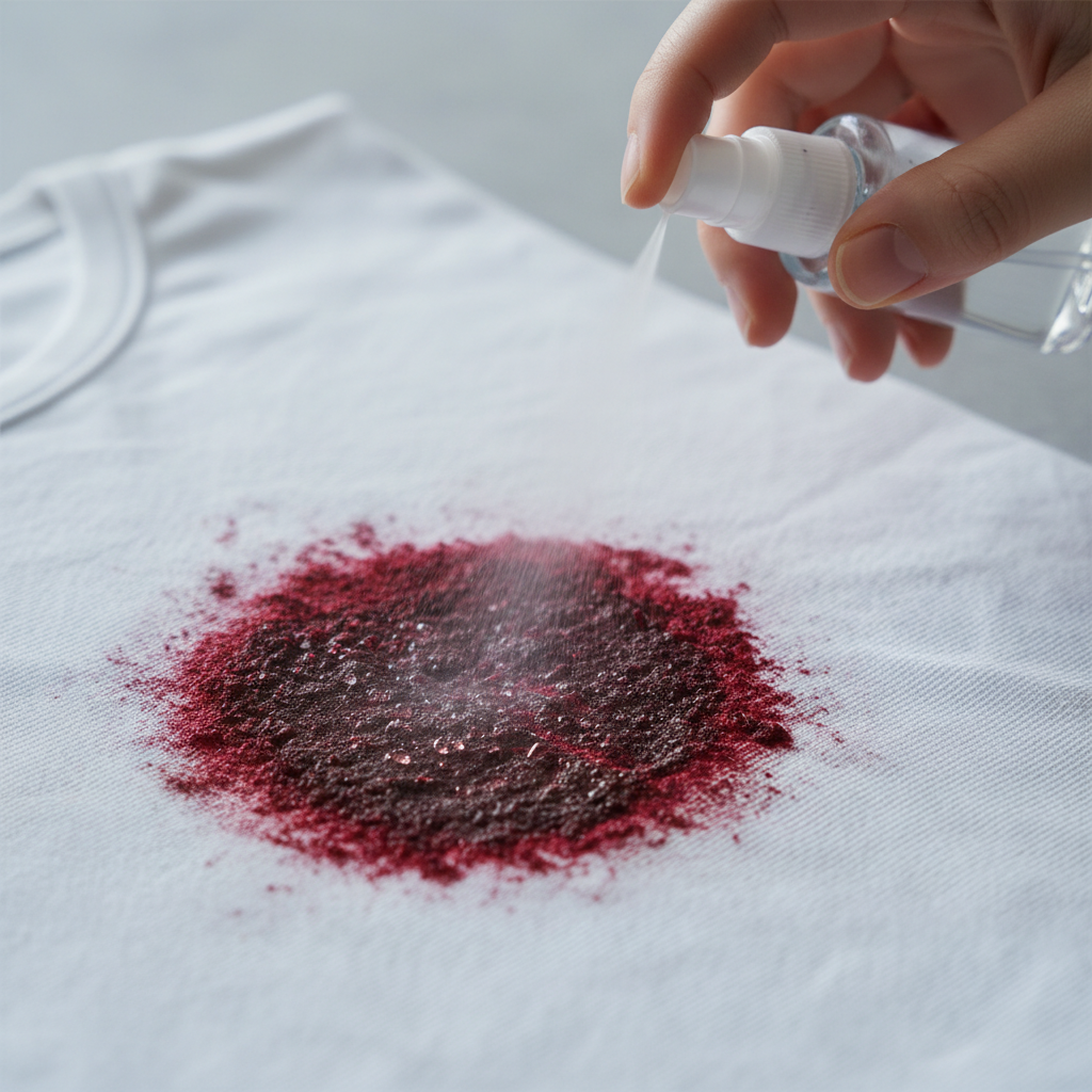 A professional close-up photograph showcasing a challenging, dark red, dried wine stain on a light-colored fabric, possibly a white cotton shirt. A hand, with fingers carefully extended, is gently dabbing or misting the dried stain with a small amount of cold water from a clear glass or small spray bottle. The focus should be on the detailed texture of the fabric, the distinct dark red of the stain, and the careful, precise action of the hand applying moisture. The image should convey patience and the beginning of a treatment process.