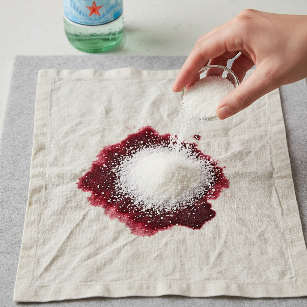 A close-up, top-down professional photo illustrating the active removal of a dried red wine stain. A hand is gently sprinkling a generous amount of white granular substance (salt or baking soda) directly onto a prominent, dark red stain on a light-colored, wrinkled fabric. The fabric is laid flat on a neutral, absorbent surface. A bottle of sparkling water is subtly visible in the background, suggesting its role in the process, creating a sense of a practical, effective cleaning method. The lighting is bright and clean, emphasizing the texture of the fabric and the granules.