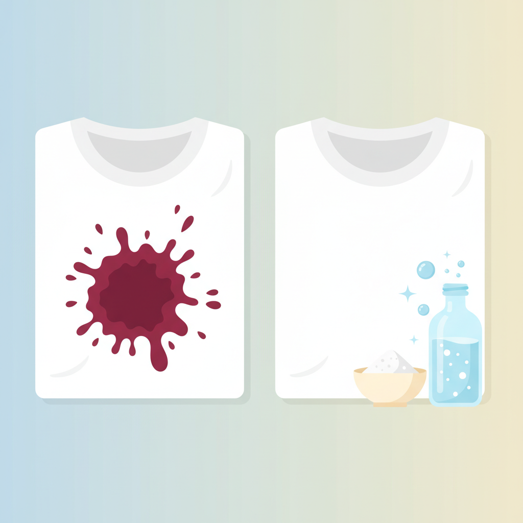 A modern, clean flat illustration depicting the transformation of a wine-stained garment. On the left, a section of light fabric (e.g., a white t-shirt) with a stubborn, clearly visible, dried red wine stain, appearing deeply embedded. On the right, the exact same section of fabric appears pristine and completely stain-free. Subtle visual elements like a small bowl of white powder and a bottle of effervescent liquid could be positioned near the 'after' section, symbolizing the successful cleaning process. The style is bright and optimistic, highlighting the effectiveness of the methods.