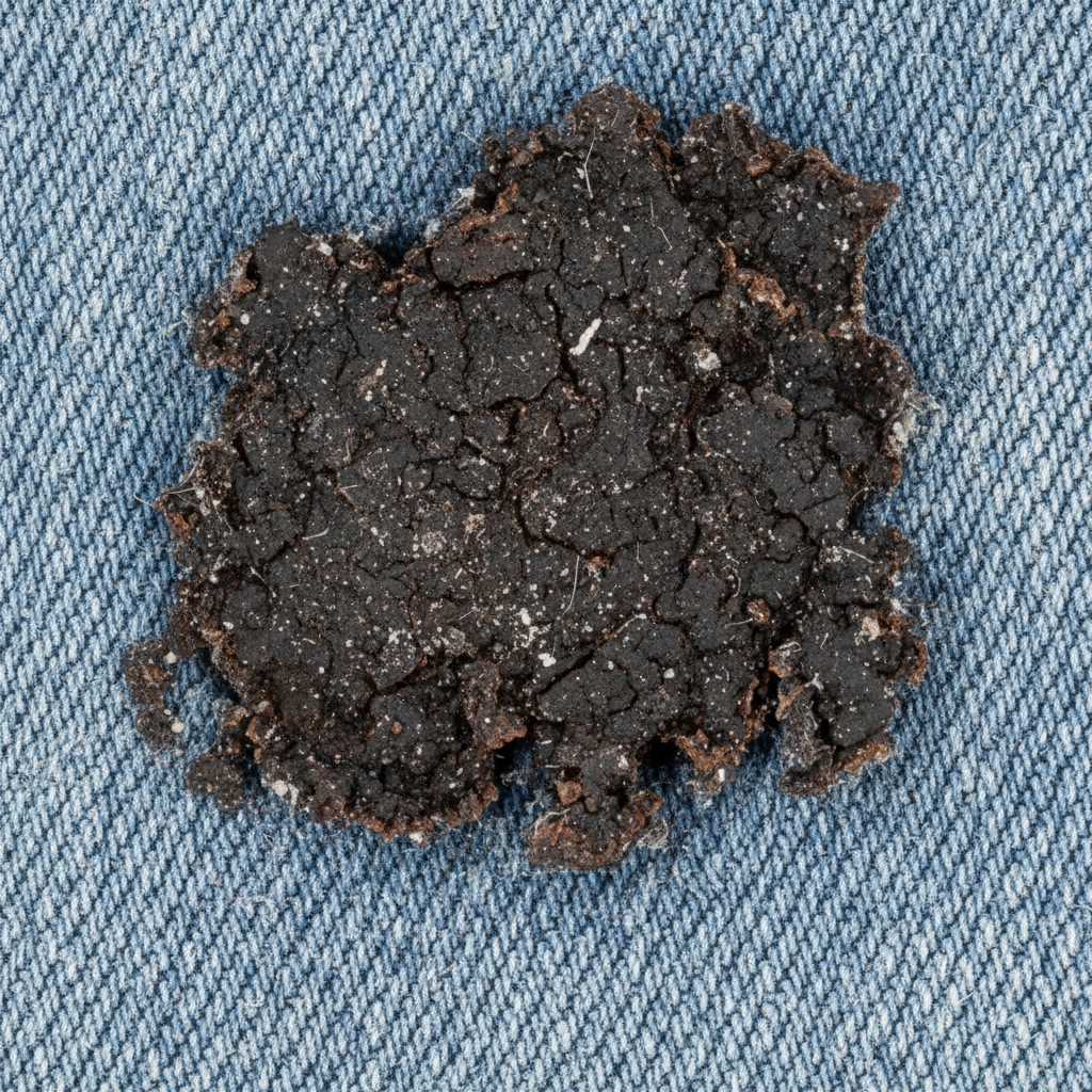 A close-up, macro view of a deeply embedded, dried grease stain on a textured fabric surface, like denim or upholstery. The stain appears dark, slightly crusty, and has distinct edges where it has oxidized and bonded with the fabric fibers. Dust particles are subtly visible within the stain, emphasizing its 'stuck' nature. The surrounding fabric is clean but shows its texture. The overall impression should be one of stubbornness and deep penetration, making it look challenging to remove. The style should be a professional, detailed photo with a slightly stylized, clean aesthetic, suitable for a technical blog.
