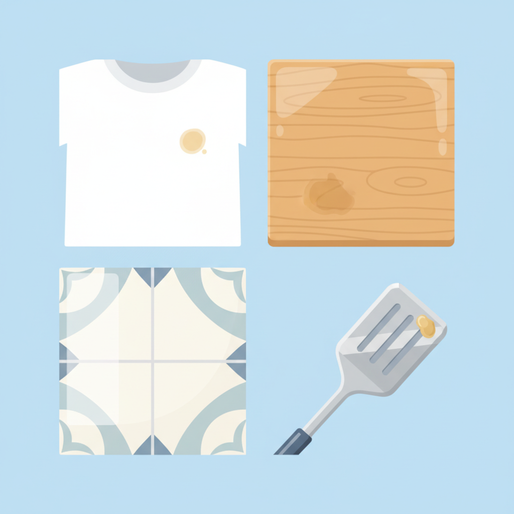 An infographic-style illustration depicting various common household surfaces, each with a small, subtle dried grease stain. Surfaces include a piece of clothing (e.g., a white shirt), a wooden table surface, a ceramic tile, and a metal kitchen utensil. Each surface segment is clearly distinguishable. The illustration should emphasize the variety of materials affected by grease stains and the concept of needing to identify the surface before cleaning. A clean, modern flat illustration style with a bright, appealing color palette would be ideal. No actual cleaning action is shown, just the problem on different materials.