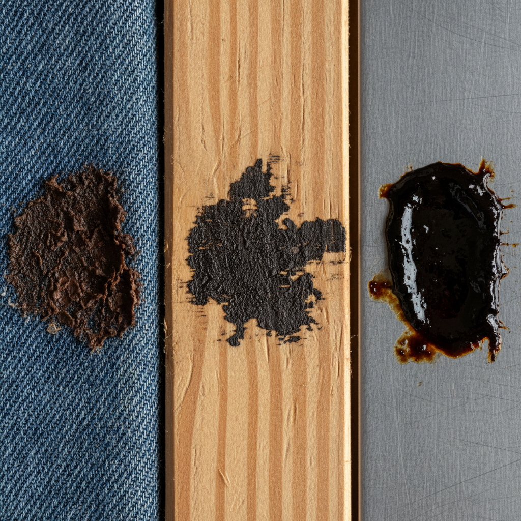 A close-up, professional macro photograph showcasing the stubborn nature of a dried grease stain on multiple surfaces. The image should feature a stained section of a coarse textile (like denim or canvas), a piece of unfinished wooden board, and a metallic surface (like brushed steel). Each surface exhibits a dark, hardened, and clearly integrated grease stain, appearing deeply embedded rather than superficial. The focus is on the challenging adherence and texture of the dried residue, emphasizing its difficulty to remove. The lighting should highlight the contrast between the surface and the stain, conveying persistence.
