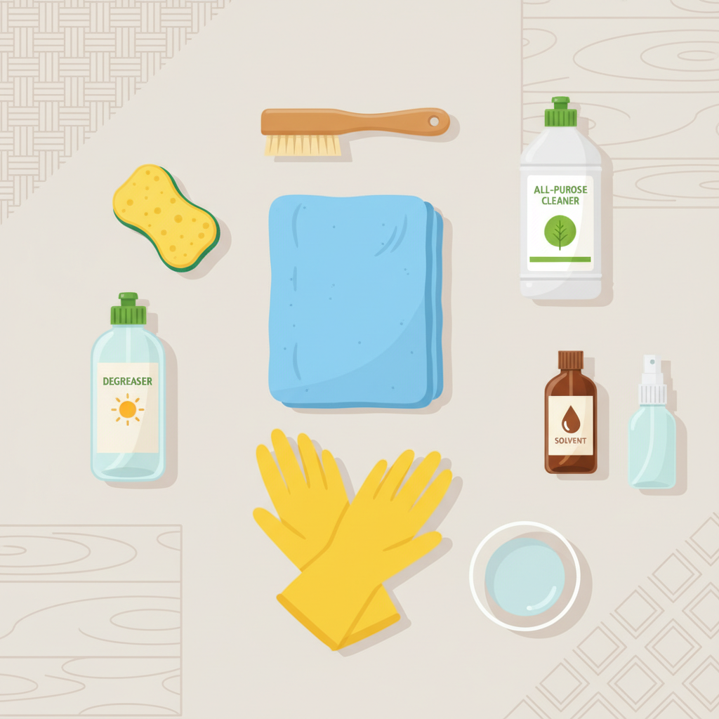 A clean and organized flat lay illustration depicting the essential tools and preparations for tackling dried grease stains. The composition should feature a neutral, light background. Arranged neatly are a soft microfiber cloth, a scrubbing sponge, a small soft-bristled brush, a pair of protective rubber gloves, generic, unbranded bottles of various cleaning solutions, and a small glass or bowl of water. A subtle visual hint of different material swatches (fabric, wood, tile) could be included in the background, implying material identification. The style is bright, clean, and illustrative, emphasizing readiness and organization.