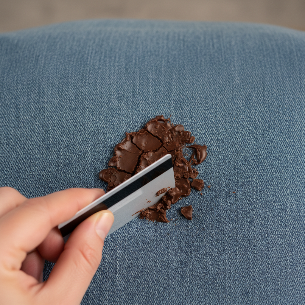 A close-up, top-down professional photo showing a hand carefully using the edge of a plastic credit card to gently scrape dried chocolate from a textured fabric, such as a denim pant leg. The chocolate stain is clearly visible as a dark, solidified patch on the fabric. The hand should be in focus, demonstrating the delicate scraping motion from the outer edge inwards, with small chocolate flakes visible next to the main stain. The background should be clean and out of focus.