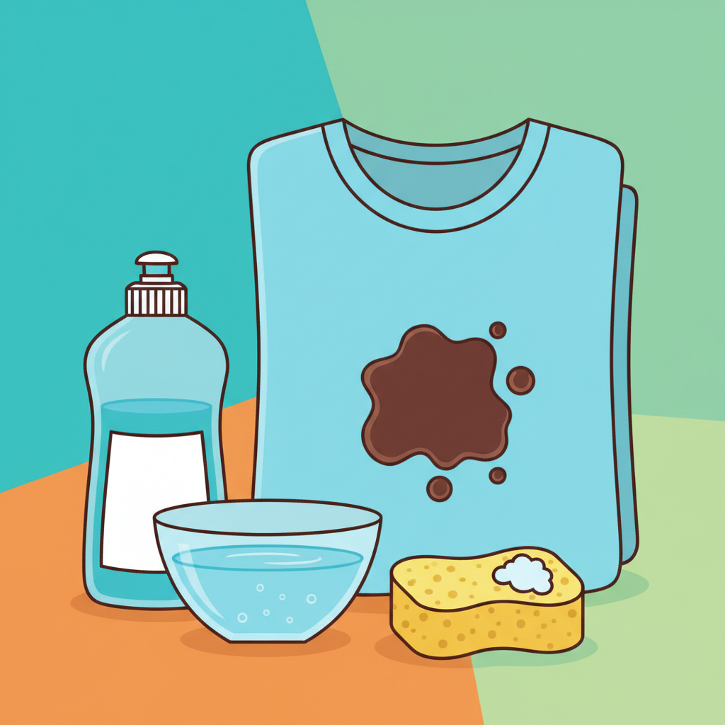 A vibrant, flat illustration depicting the concept of removing a stubborn stain. In the foreground, a piece of clothing (e.g., a simple t-shirt or a piece of upholstery fabric) is shown with a prominent, dried chocolate stain. Adjacent to the stained fabric, there are universal cleaning elements: a generic bottle of mild liquid soap (no branding) and a small, clear bowl filled with cold water. A soft cleaning cloth or sponge is also placed nearby, suggesting the readiness for the cleaning process. The style is clean and modern, with bright colors.