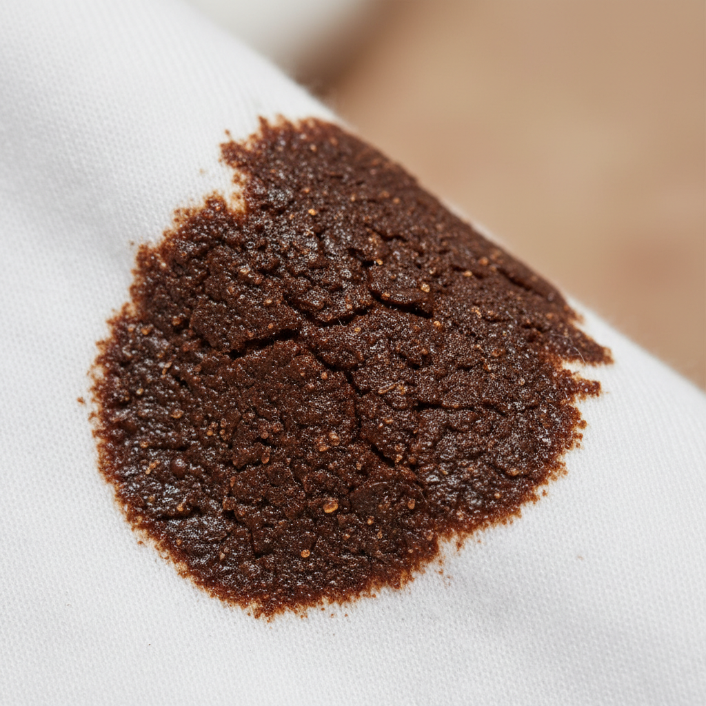 A close-up, macro view of a fabric, like a white cotton t-shirt, showing a dark, crusty, dried chocolate stain deeply embedded within its threads. The stain appears tough and resistant, with subtle visual cues suggesting the fat, sugar, and pigment particles are tightly bound to the fabric fibers, making it difficult to remove. The background is softly blurred. The overall image conveys the stubbornness of the stain without being messy. Style: Professional, high-resolution macro photography with a clean, bright studio lighting setup.