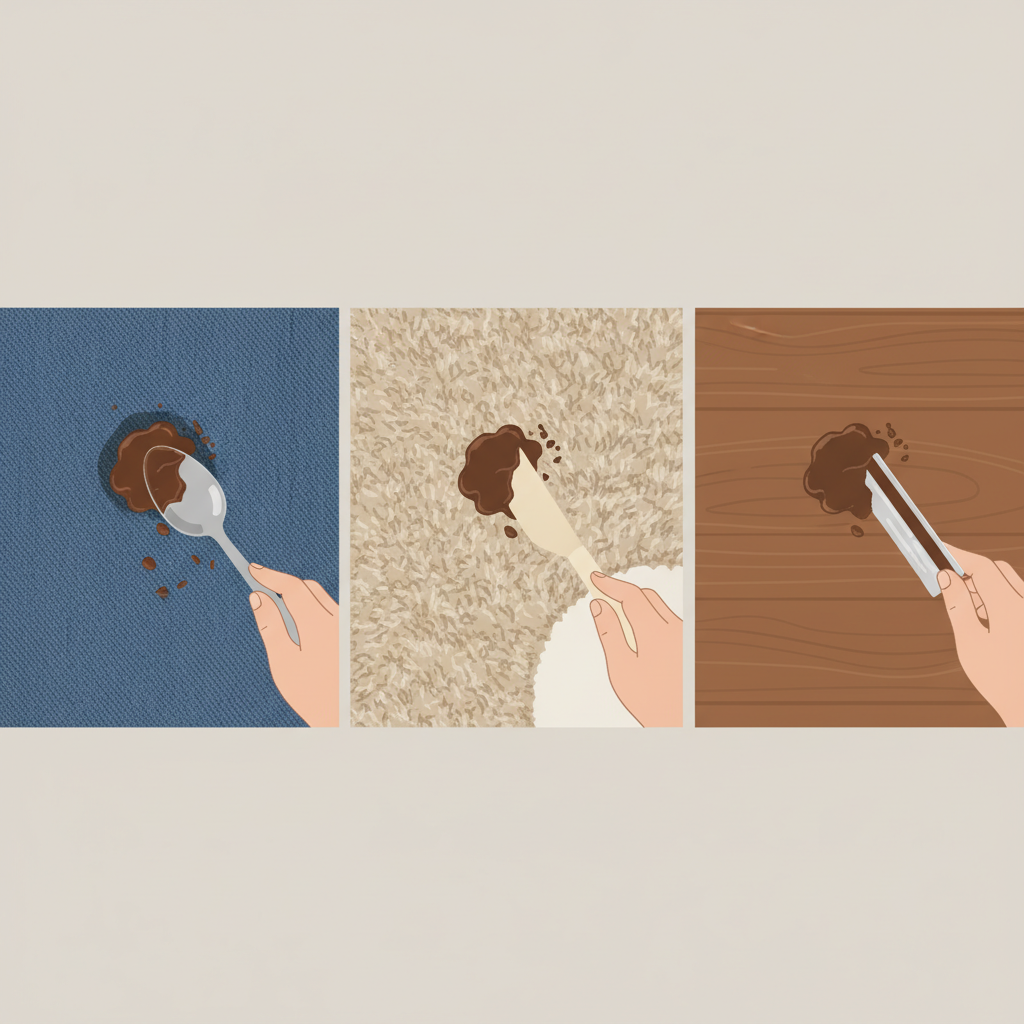 A bright, professional overhead flat lay illustration depicting the initial steps of removing a dried chocolate stain. A hand is gently using a blunt utensil, such as a spoon or a dull knife, to carefully scrape off loose, dried chocolate pieces from various surfaces. Show separate sections for a piece of denim fabric, a soft carpet swatch, and a polished wooden surface, each with a small, partially scraped chocolate stain. The action is careful and precise, highlighting the removal of excess material. Style: Clean, well-lit flat lay photography with a minimalist composition.