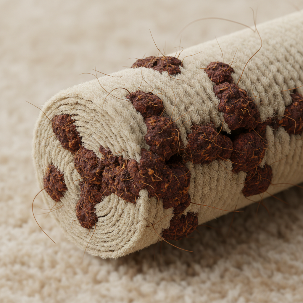 A close-up, stylized cross-section of a light-colored carpet fiber. Dark brown, irregular shapes representing dried tea tannins are shown deeply embedded and tightly bonded within and around the carpet fiber structure. Tiny, almost invisible molecular-level connections or tendrils extend from the tannins into the fiber, emphasizing their stubborn adherence. The background is slightly blurred, suggesting the texture of a carpet, with some loose, fluffy fibers around the main focus. The overall style should be a modern, clean infographic illustration with a slightly scientific yet approachable feel, using a warm color palette for the tea and natural tones for the carpet.