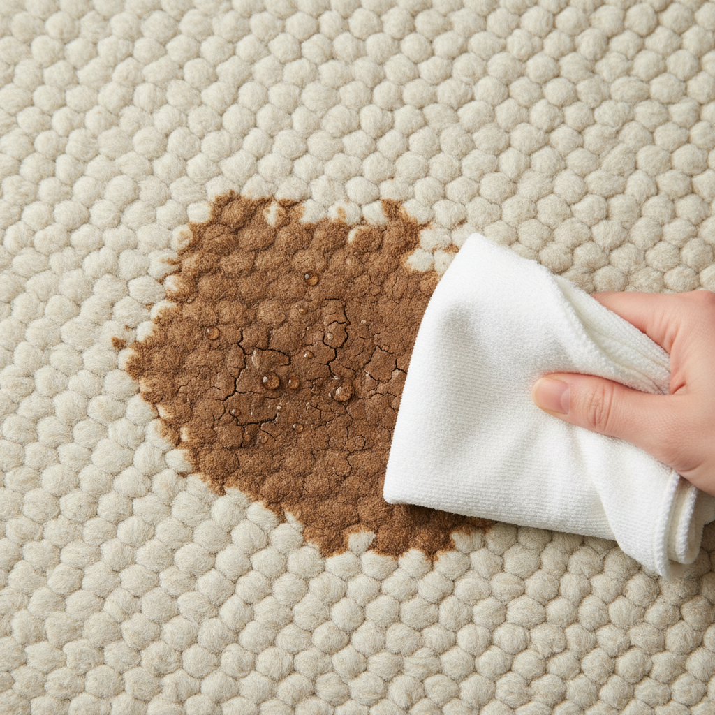 A top-down or slightly elevated perspective showing a light-colored, woven carpet with a noticeable, dried dark brown tea stain in the center. A clean, white, damp cloth is gently dabbing the dried stain. A few tiny, subtle water droplets are visible on the stain's surface, indicating the moistening process. The surrounding carpet area is clean and in focus. The scene should convey gentle care and precision. The overall style should be a professional, well-lit photo with a slightly softened, inviting aesthetic, suitable for a home improvement or cleaning blog, focusing entirely on the action and materials.