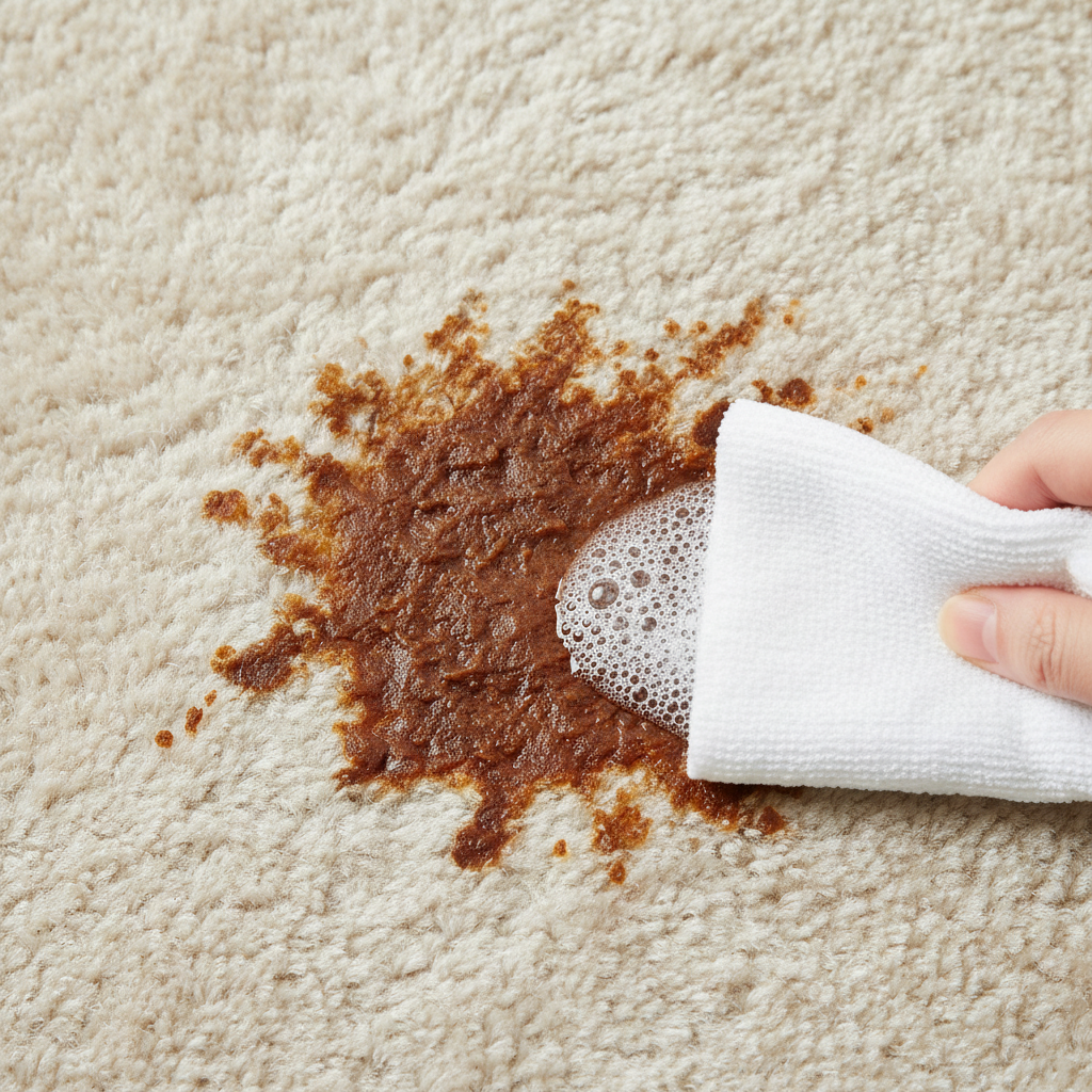 A high-angle, close-up professional photo of a plush, light-colored carpet section with a distinct, dried dark brown tea stain prominently featured. A clean, white microfibre cloth or sponge is gently dabbing or applying a small amount of translucent cleaning liquid or foam onto the edge of the stubborn stain. The image should capture the contrast between the dark, solidified stain and the clean surrounding carpet fibers, emphasizing the beginning of the cleaning process. Bright, even studio lighting with a shallow depth of field to focus on the action.