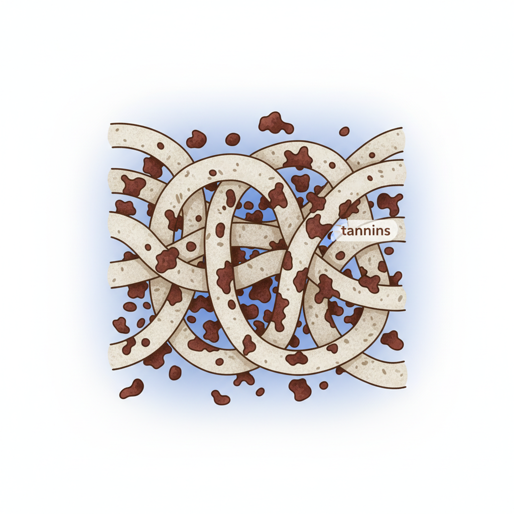 An infographic-style illustration depicting a magnified, cross-sectional view of carpet fibers. Several intertwining fiber strands, appearing slightly porous or textured, are shown. Abstract, dark reddish-brown, irregularly shaped particles, representing 'tannins', are visibly interacting with the fibers; some are loosely scattered, while others are shown adhering to and deeply embedded within the fiber structure. The visual narrative should explain why tea stains are stubborn, showing the strong bond between tannins and fibers. Clean, modern scientific illustration style with a bright, informative aesthetic.