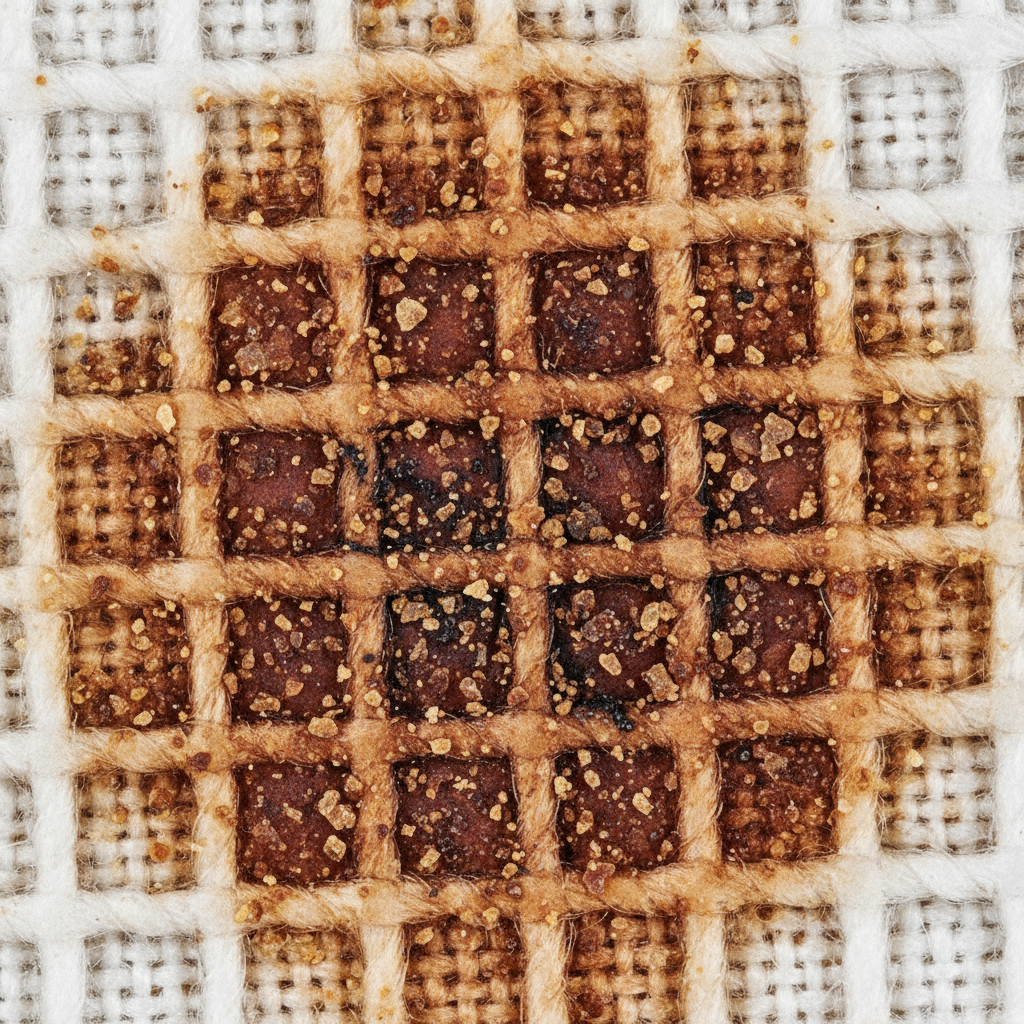 A detailed, macro-realistic illustration depicting a microscopic view of a dried tea stain deeply embedded within the interwoven fibers of a fabric. The reddish-brown tea particles are shown adhering tenaciously to the individual threads, with a slight crystalline or oxidized appearance, emphasizing their stubborn bond. Subtle visual cues suggest the deep penetration of tannins into the material structure, making the stain resistant to removal. The background is a slightly blurred textile texture. The image conveys the challenge of old, set-in stains without needing text. Professional photo quality with scientific illustration elements.