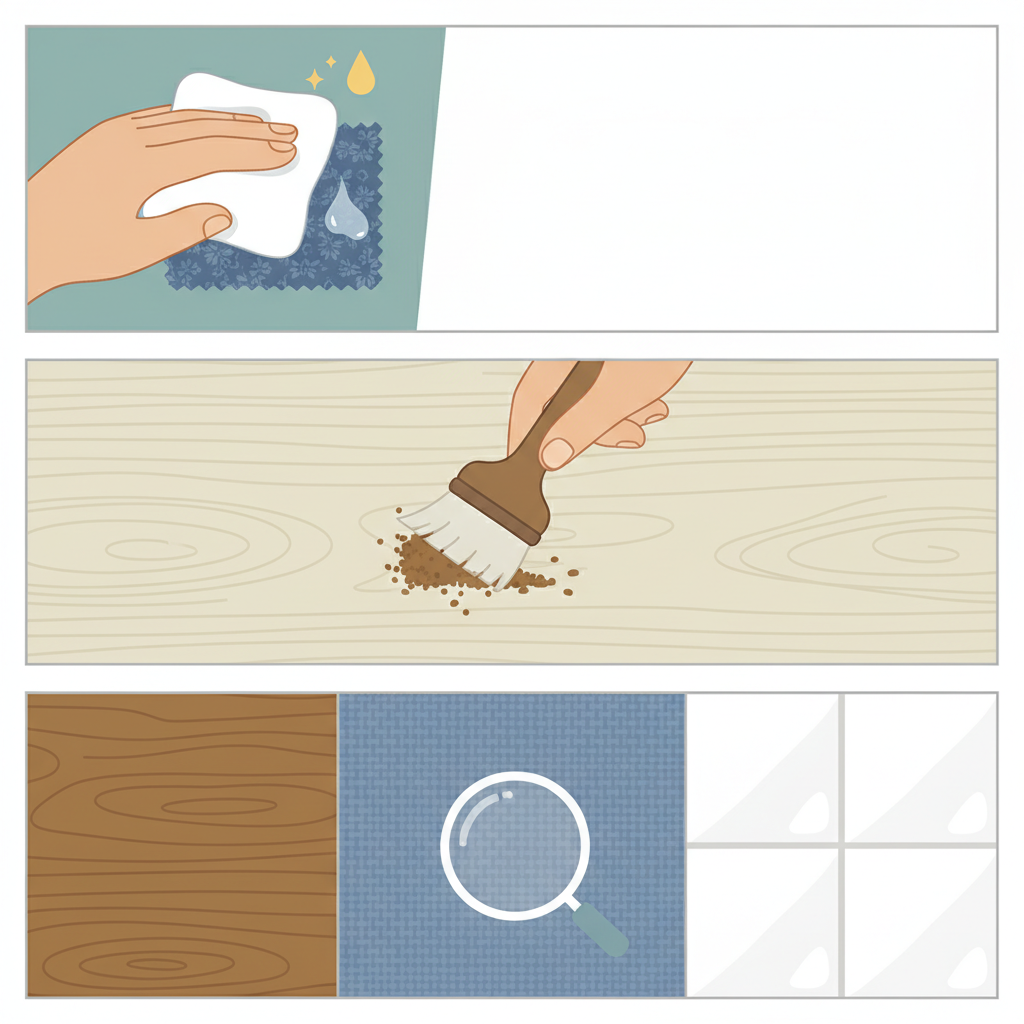 A clean, multi-panel flat illustration showcasing essential preparation steps for stain removal. The first panel shows a hand carefully dabbing a cleaning solution onto an inconspicuous corner of a textile. The second panel illustrates a hand gently brushing loose, dried tea residue from a surface with a soft brush. The third panel features different material textures like wood grain, fabric weave, and ceramic tile, with a subtle highlight or magnifying glass icon, symbolizing material identification. The overall aesthetic is helpful, clear, and action-oriented, perfect for a blog's practical advice section.