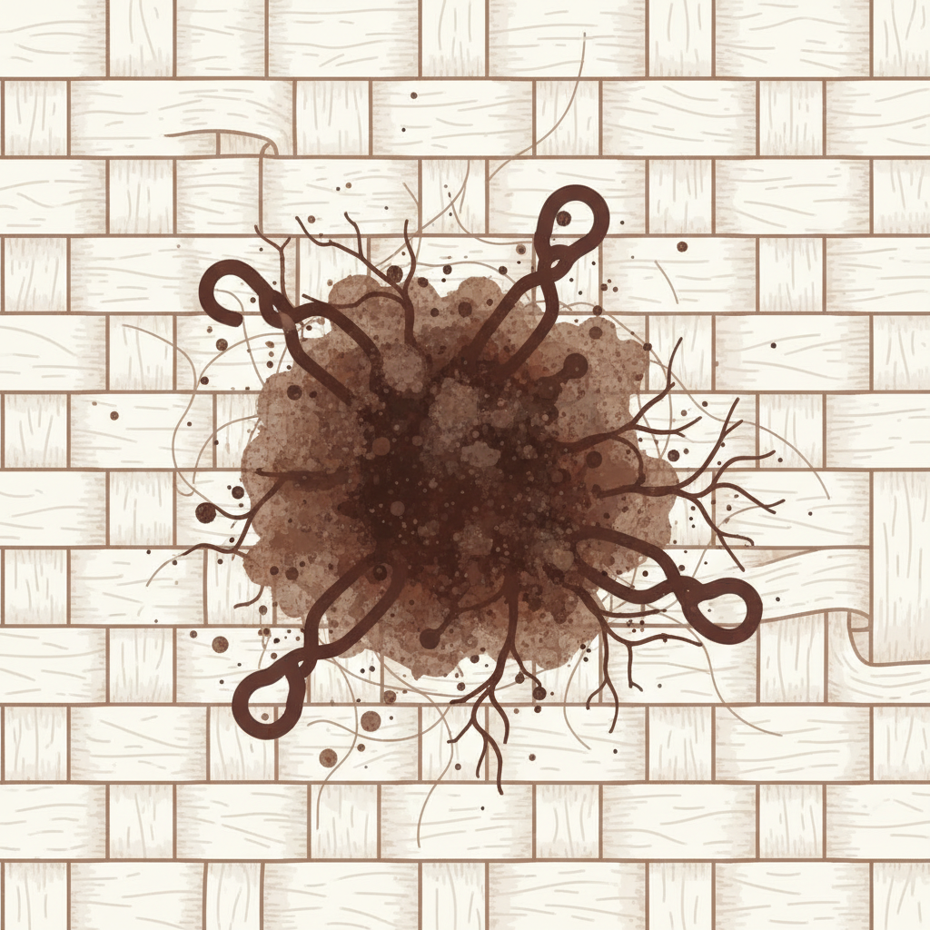 A conceptual, infographic-style illustration depicting the stubborn nature of dried tea stains on fabric. The image features a magnified view of textile fibers, with a dark brown tea stain deeply embedded within the woven structure. Abstract visual elements, such as stylized chemical bonds or interlocking hooks, connect the stain particles firmly to the fabric fibers, symbolizing the tannins' interaction and resistance to simple cleaning. A subtle, natural brown color palette enhances the visual of the stain's persistence, conveying the challenge of removal without words, in a clean, modern aesthetic.