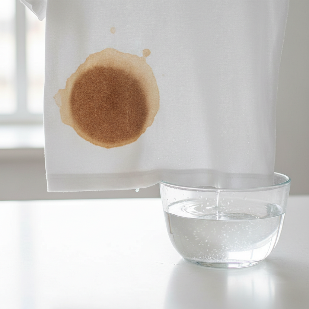 A professional photo or realistic flat illustration showcasing the initial step of treating a dried tea stain on clothing. The image displays a section of a light-colored garment, such as a white cotton t-shirt, clearly marked with a prominent, dark brown, dried tea stain. Adjacent to it, the same stained fabric is shown partially submerged in a transparent basin filled with clear, cold water, illustrating the crucial pretreatment step of soaking. The scene is bright and well-lit, focusing on the contrast of the stain and the action of immersion.