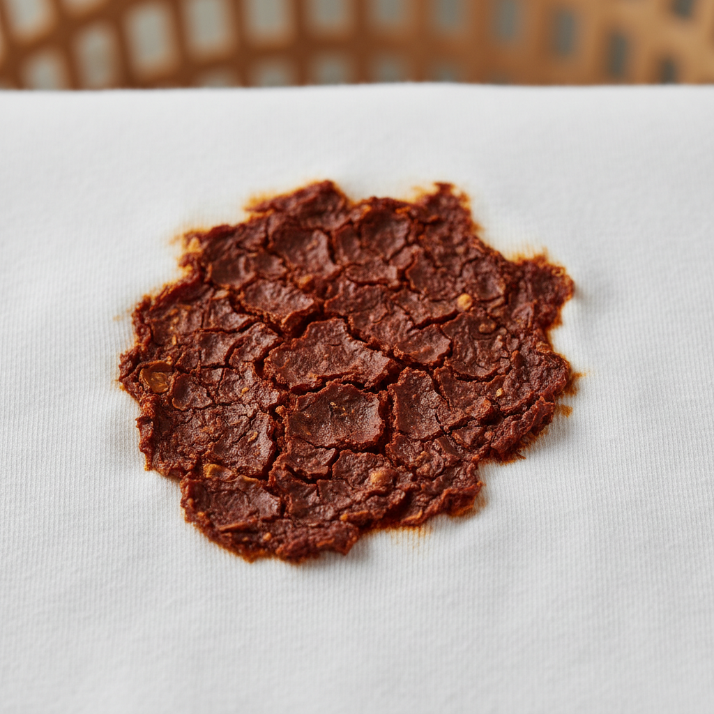 A close-up, high-resolution professional photo of a stubborn, deeply embedded dried tomato sauce stain on a white cotton t-shirt. The stain is dark red, cracked, and visibly adhered to the fabric fibers, emphasizing its difficulty. A slight blur in the background indicates a focus on the stain itself. The lighting is bright and clear, highlighting the texture and color of the dried sauce, conveying the challenge of removal.